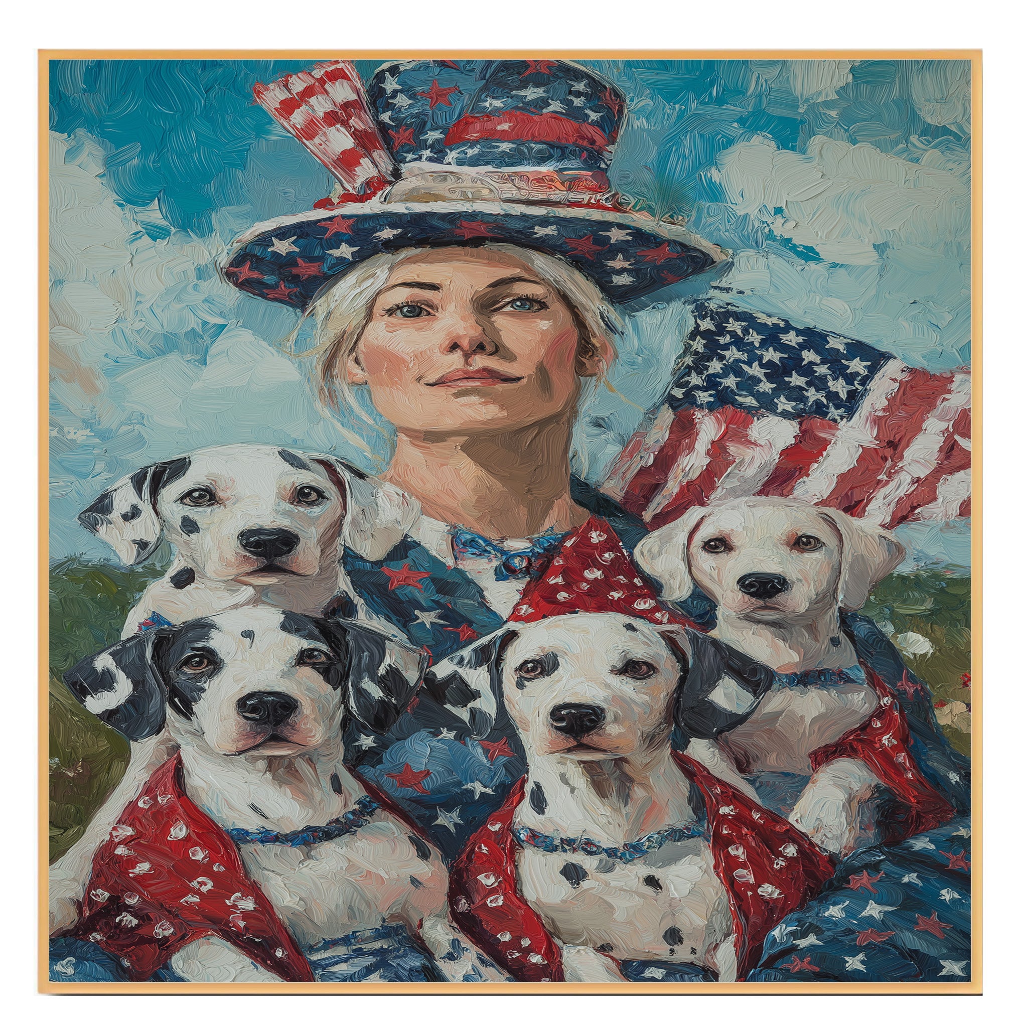 Woman in Patriotic Attire with Four Dalmatian Puppies and American Flag on Ready to Hang 1.5" Thick Canvas Wrap, Floating Framed Canvas, Flat Rolled Canvas