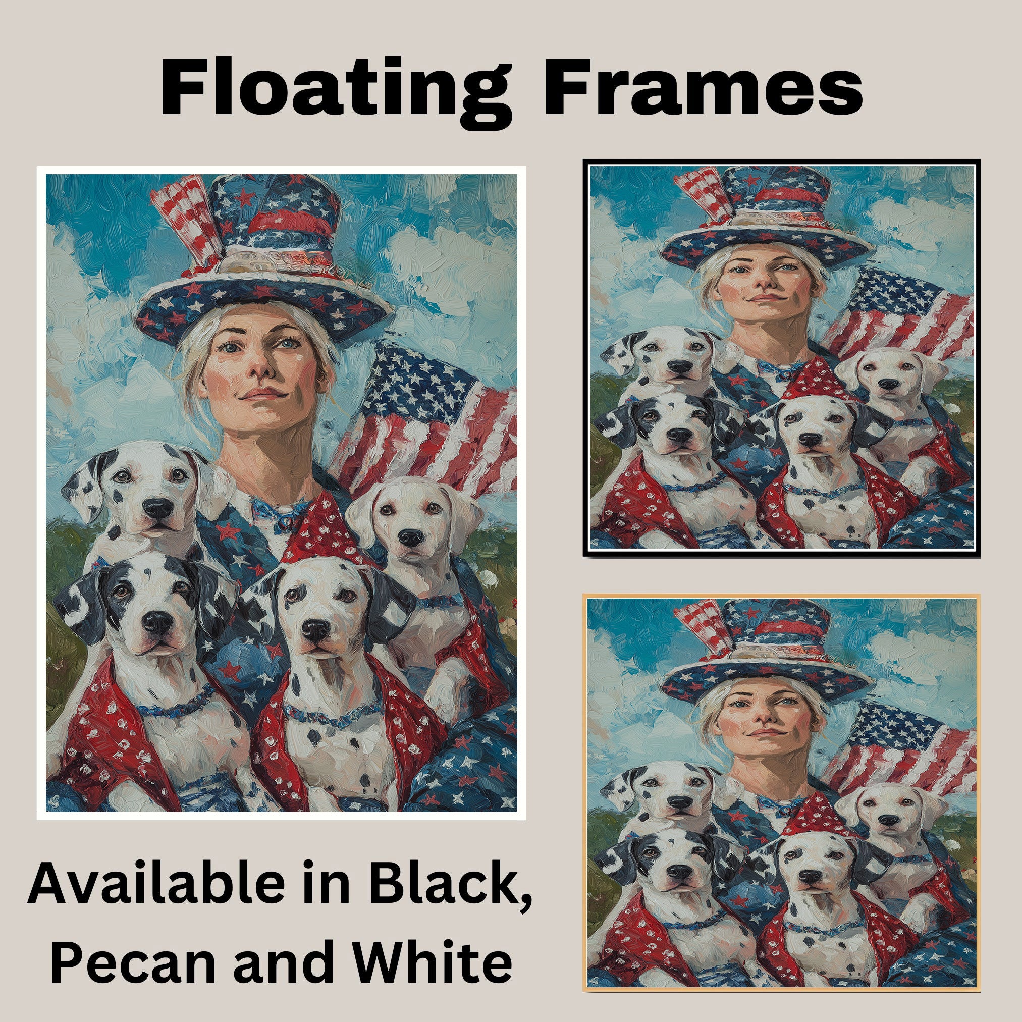 Woman in Patriotic Attire with Four Dalmatian Puppies and American Flag on Ready to Hang 1.5" Thick Canvas Wrap, Floating Framed Canvas, Flat Rolled Canvas