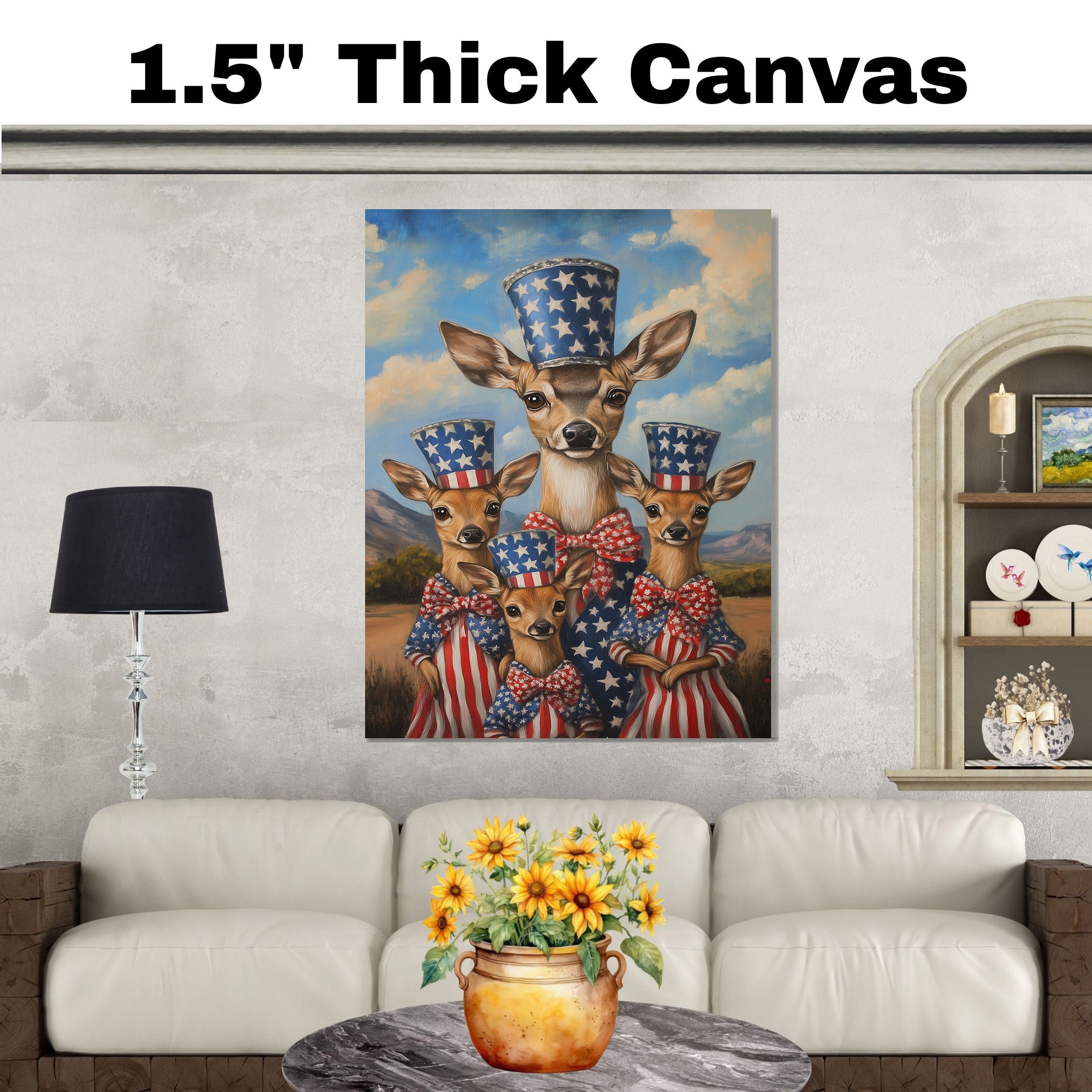 Mother Deer and Three Fawns in Patriotic Outfits with American Flag Hats on Ready to Hang 1.5" Thick Canvas Wrap, Floating Framed Canvas, Flat Rolled Canvas