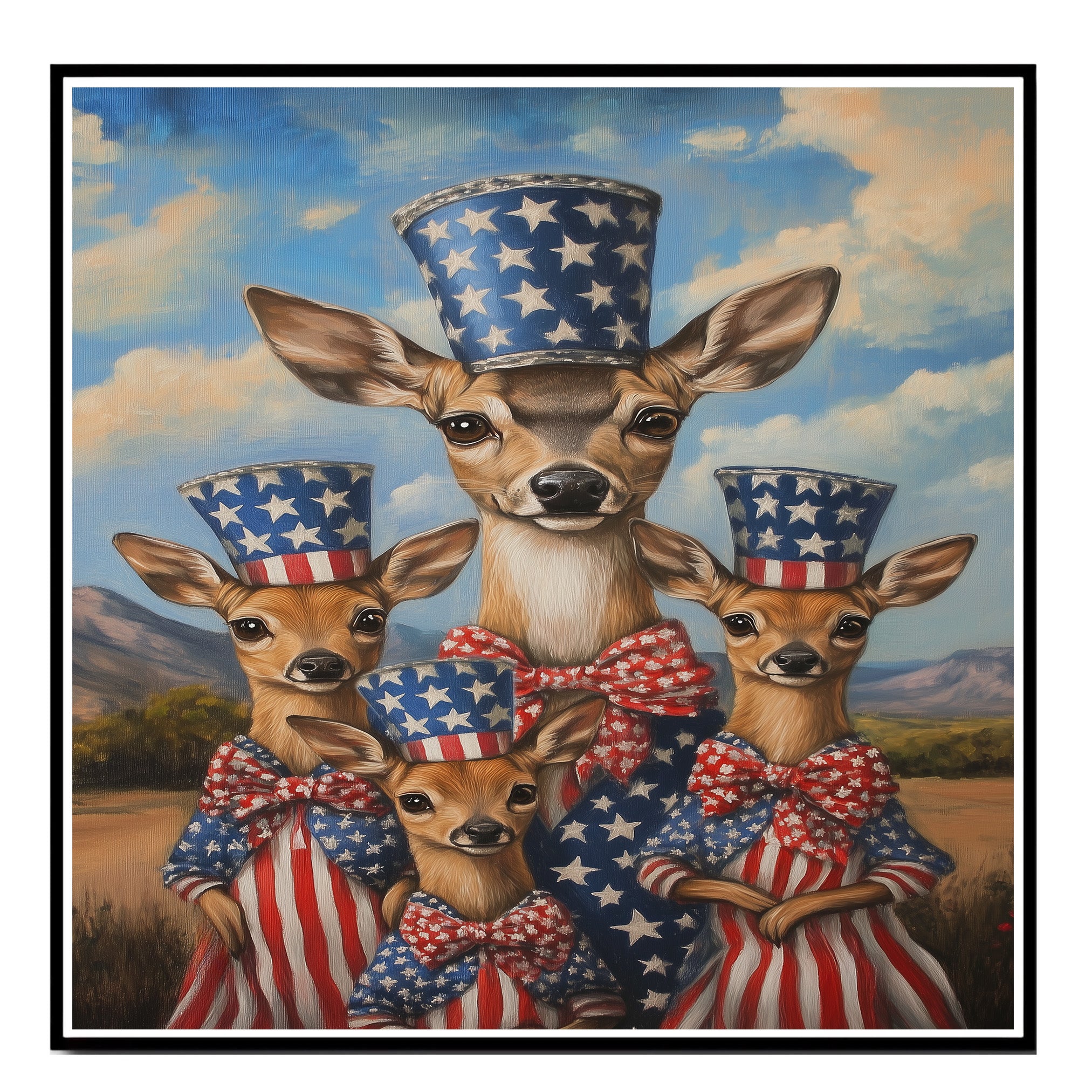 Mother Deer and Three Fawns in Patriotic Outfits with American Flag Hats on Ready to Hang 1.5" Thick Canvas Wrap, Floating Framed Canvas, Flat Rolled Canvas