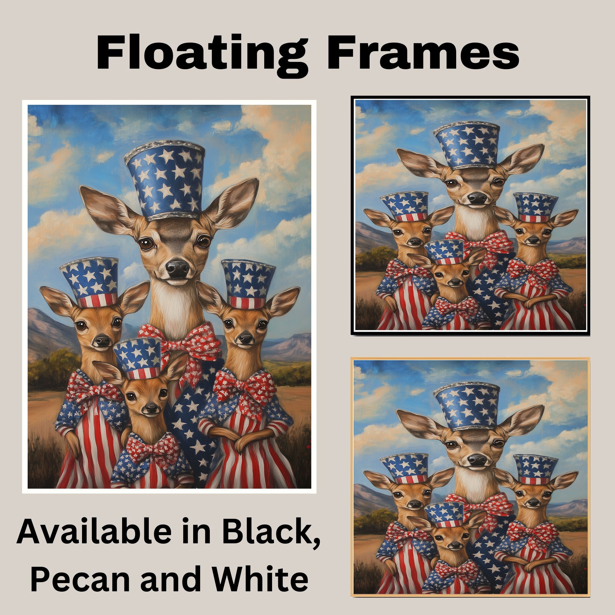 Mother Deer and Three Fawns in Patriotic Outfits with American Flag Hats on Ready to Hang 1.5" Thick Canvas Wrap, Floating Framed Canvas, Flat Rolled Canvas