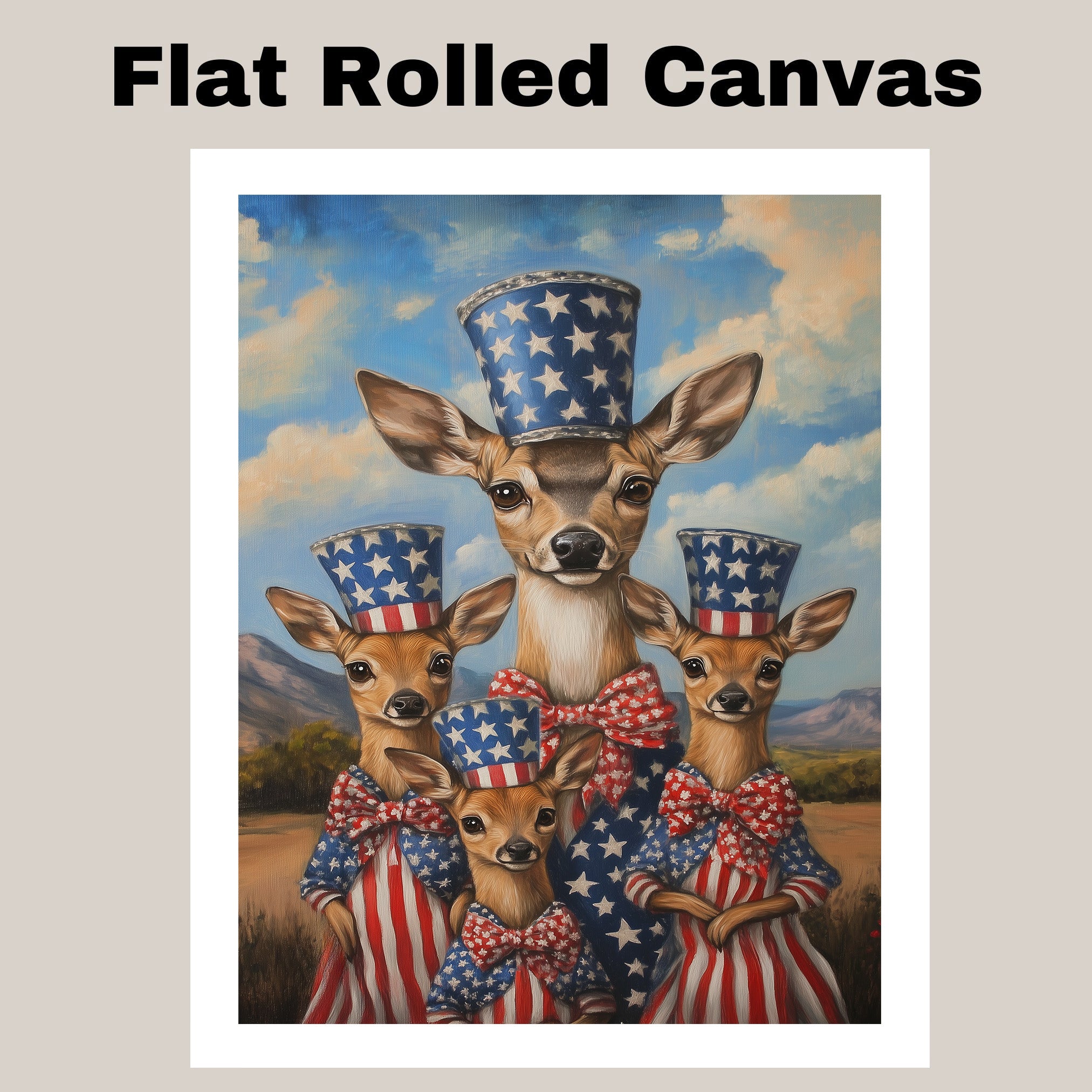 Mother Deer and Three Fawns in Patriotic Outfits with American Flag Hats on Ready to Hang 1.5" Thick Canvas Wrap, Floating Framed Canvas, Flat Rolled Canvas