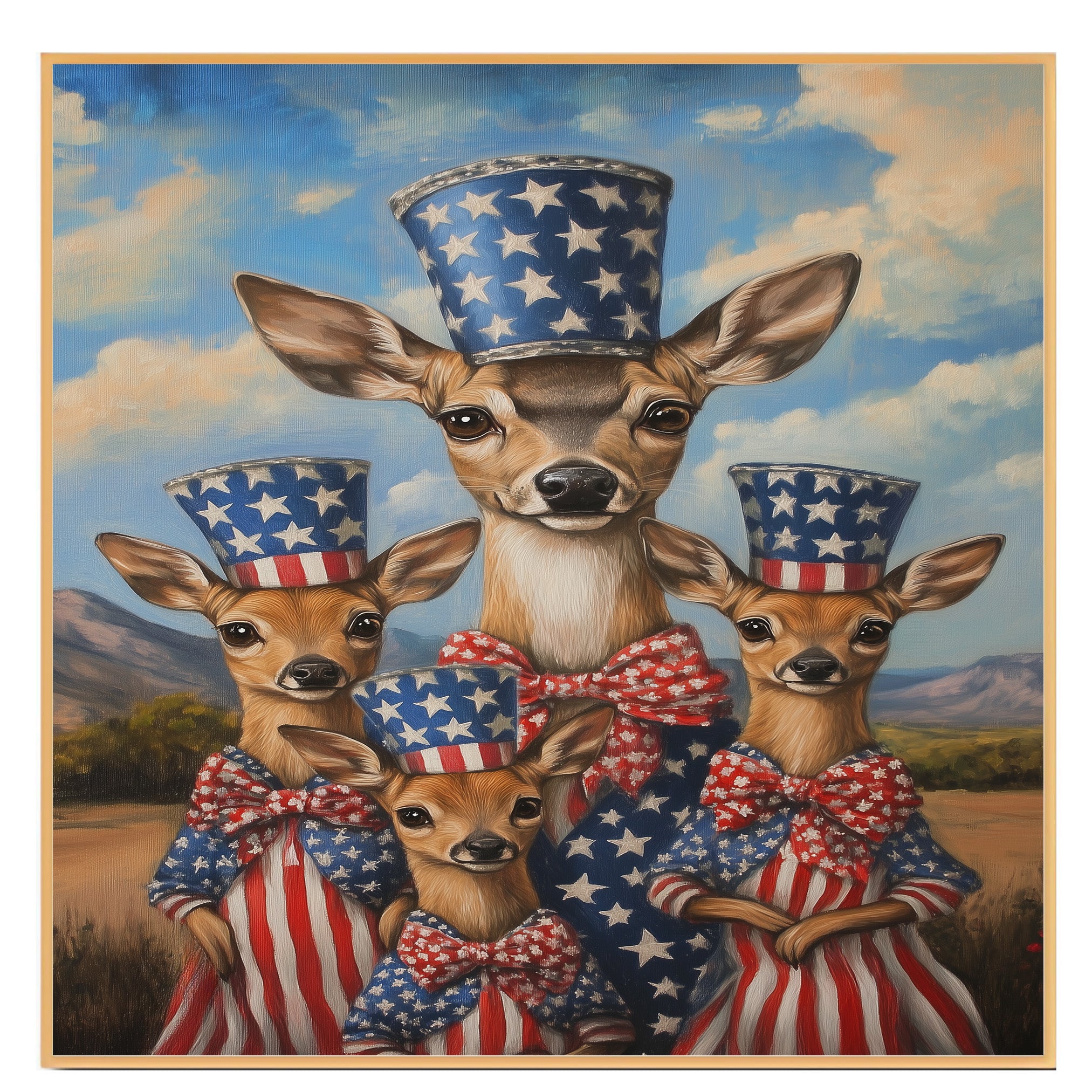 Mother Deer and Three Fawns in Patriotic Outfits with American Flag Hats on Ready to Hang 1.5" Thick Canvas Wrap, Floating Framed Canvas, Flat Rolled Canvas