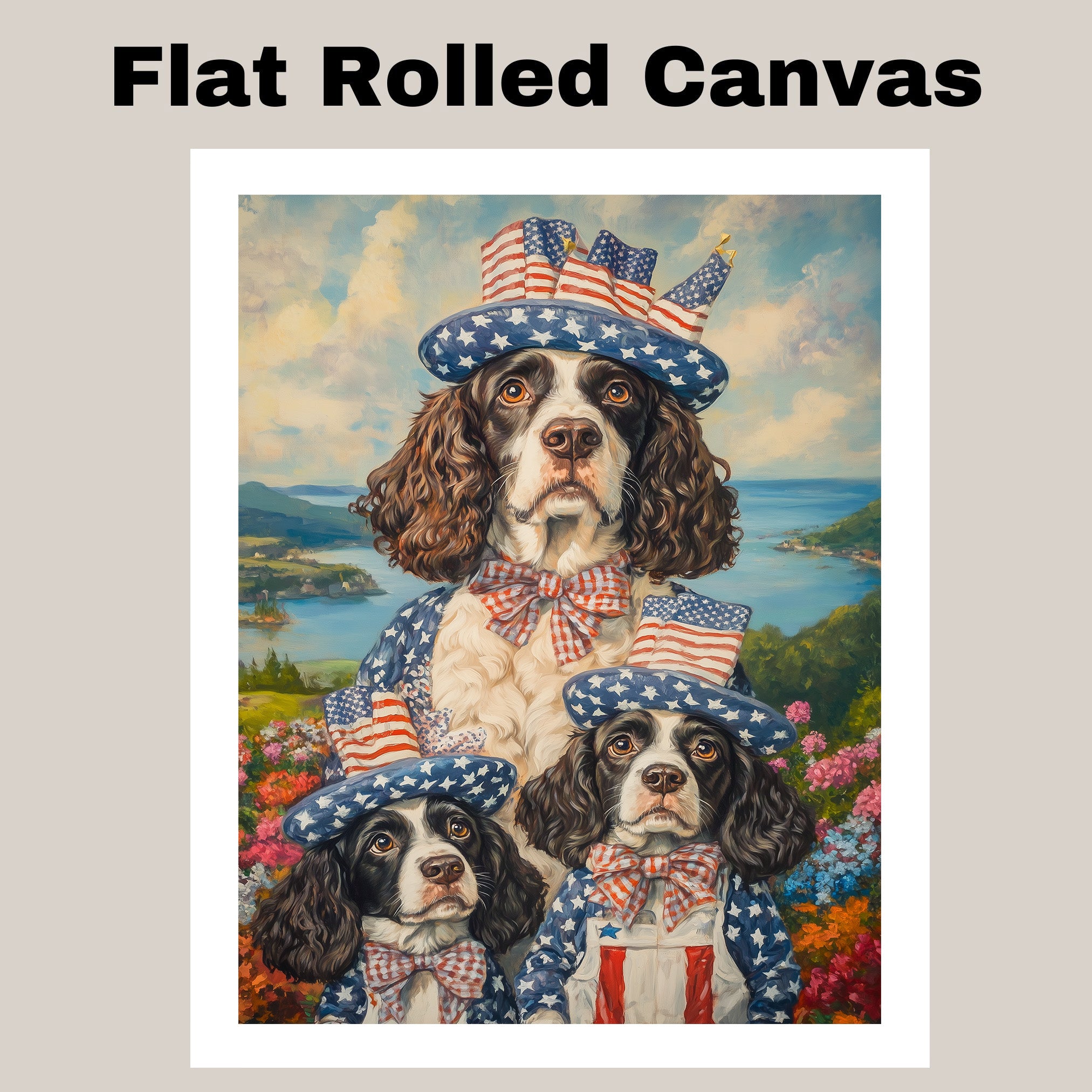 Mother English Springer Spaniel with Three Puppies in Patriotic Outfits and Hats on Ready to Hang 1.5" Thick Canvas Wrap, Floating Framed Canvas, Flat Rolled Canvas