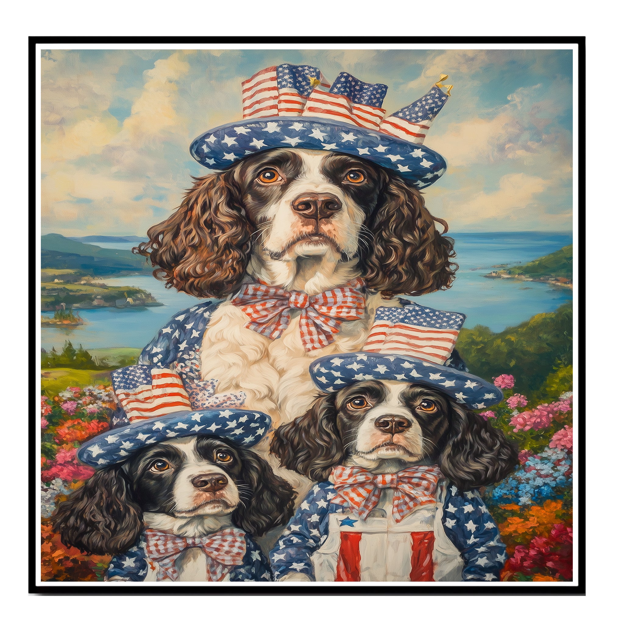 Mother English Springer Spaniel with Three Puppies in Patriotic Outfits and Hats on Ready to Hang 1.5" Thick Canvas Wrap, Floating Framed Canvas, Flat Rolled Canvas