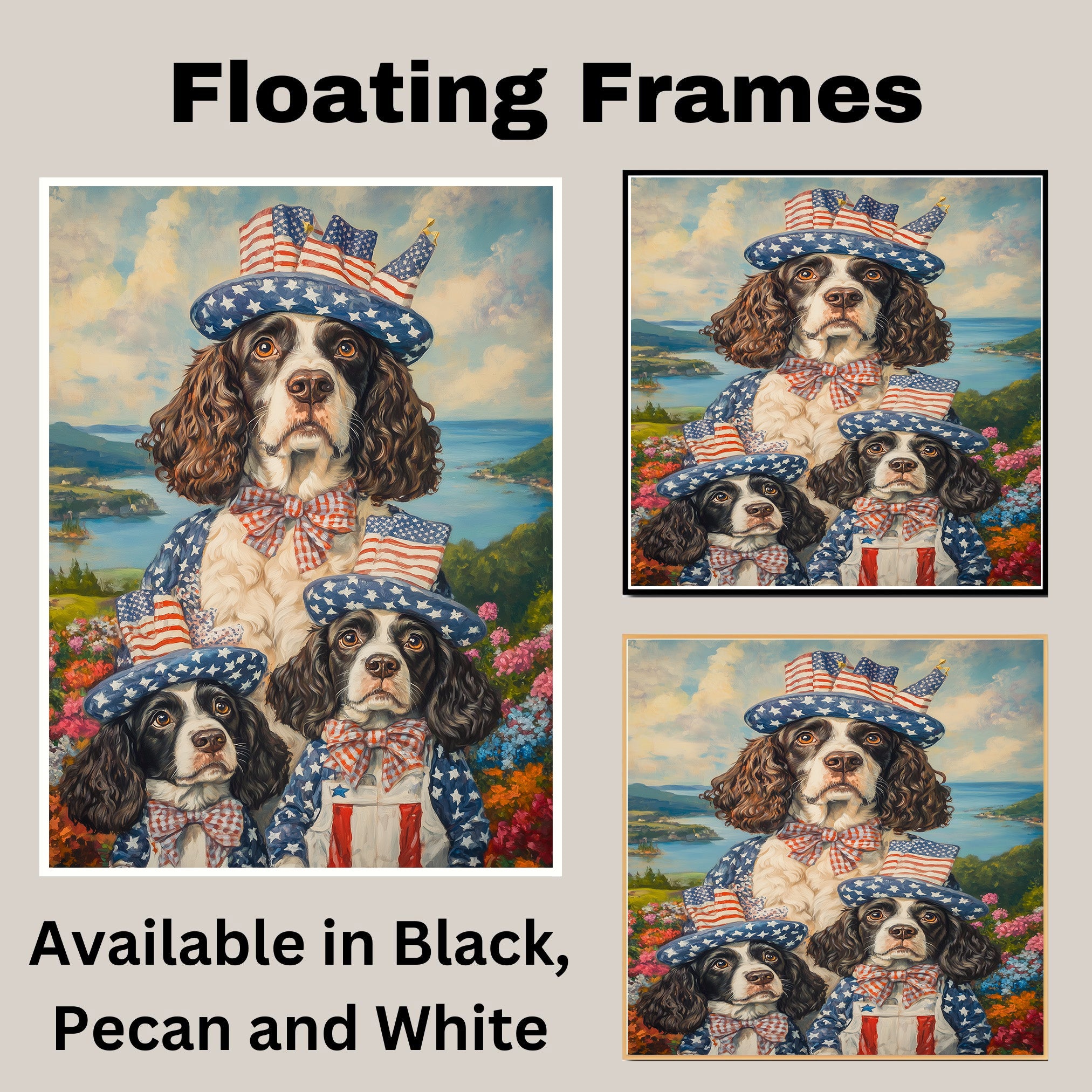 Mother English Springer Spaniel with Three Puppies in Patriotic Outfits and Hats on Ready to Hang 1.5" Thick Canvas Wrap, Floating Framed Canvas, Flat Rolled Canvas
