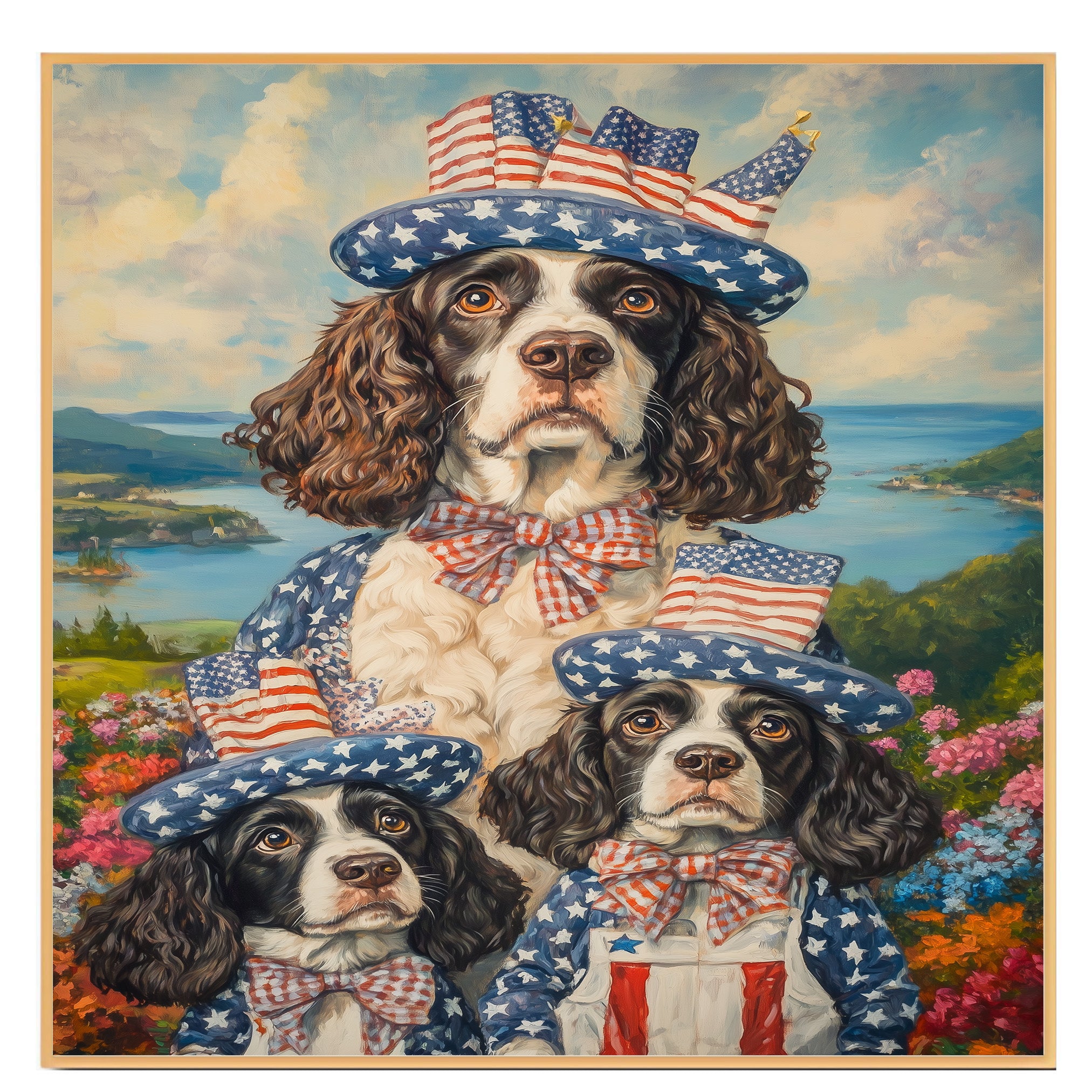Mother English Springer Spaniel with Three Puppies in Patriotic Outfits and Hats on Ready to Hang 1.5" Thick Canvas Wrap, Floating Framed Canvas, Flat Rolled Canvas