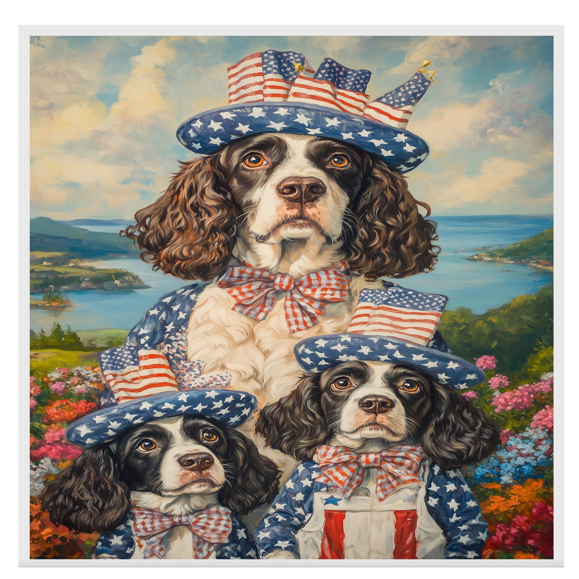 Mother English Springer Spaniel with Three Puppies in Patriotic Outfits and Hats on Ready to Hang 1.5" Thick Canvas Wrap, Floating Framed Canvas, Flat Rolled Canvas
