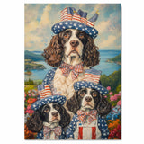 Mother English Springer Spaniel with Three Puppies in Patriotic Outfits and Hats on Ready to Hang 1.5" Thick Canvas Wrap, Floating Framed Canvas, Flat Rolled Canvas