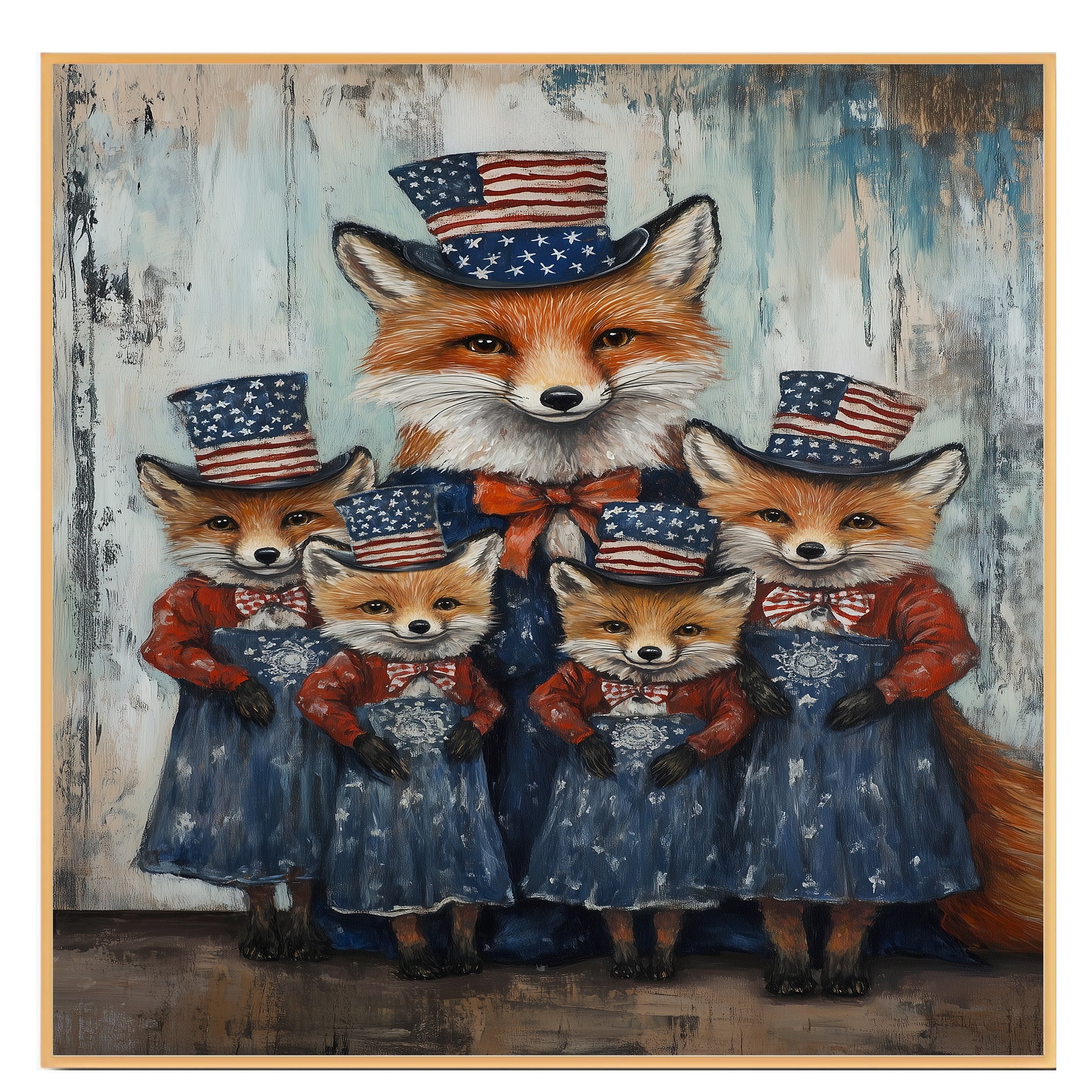 Mother Fox with Three Baby Foxes Wearing Patriotic Hats and Dresses on Ready to Hang 1.5" Thick Canvas Wrap, Floating Framed Canvas, Flat Rolled Canvas