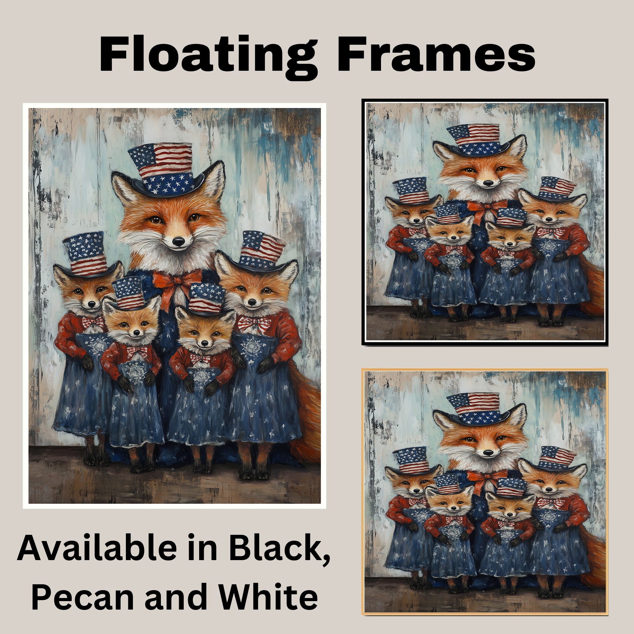 Mother Fox with Three Baby Foxes Wearing Patriotic Hats and Dresses on Ready to Hang 1.5" Thick Canvas Wrap, Floating Framed Canvas, Flat Rolled Canvas