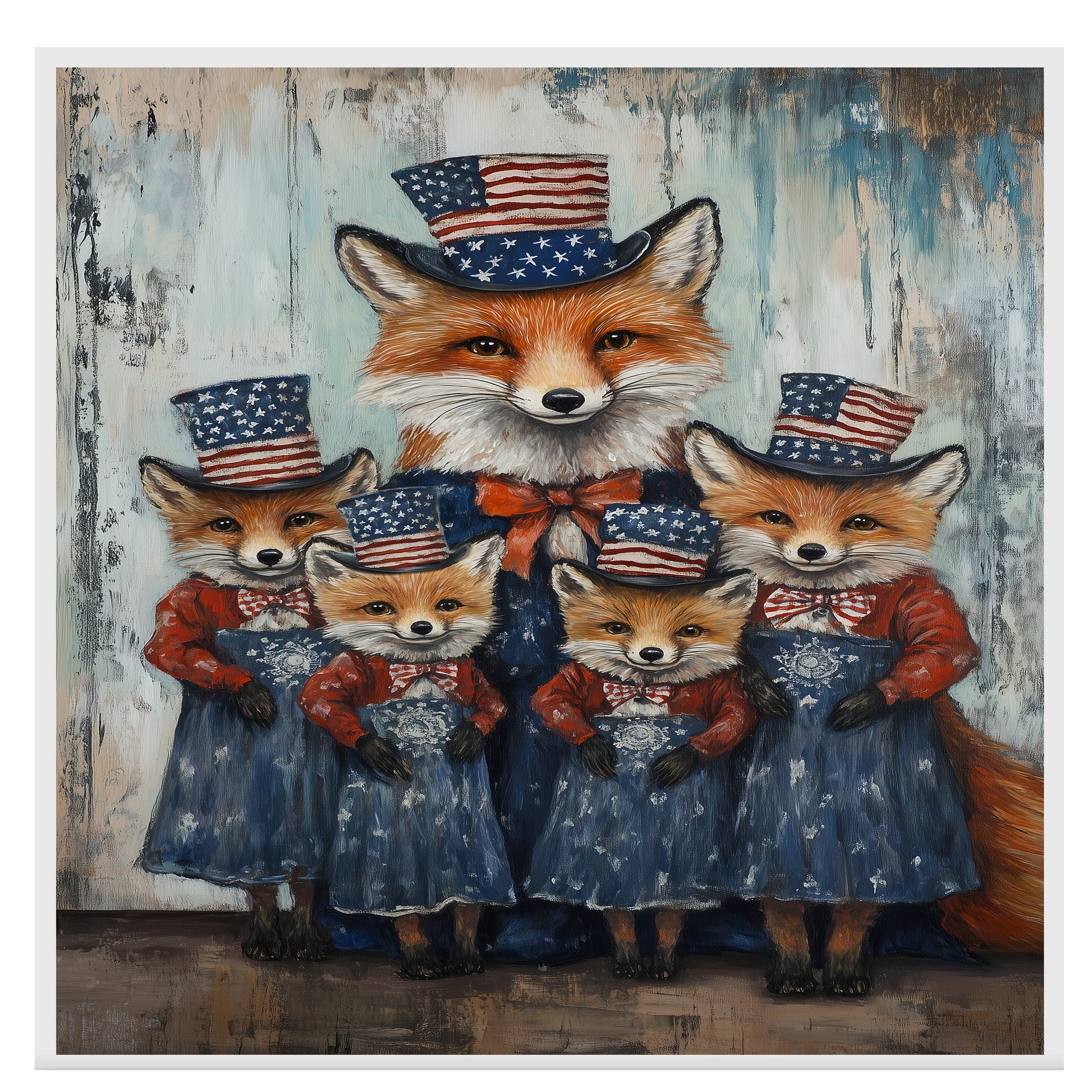 Mother Fox with Three Baby Foxes Wearing Patriotic Hats and Dresses on Ready to Hang 1.5" Thick Canvas Wrap, Floating Framed Canvas, Flat Rolled Canvas
