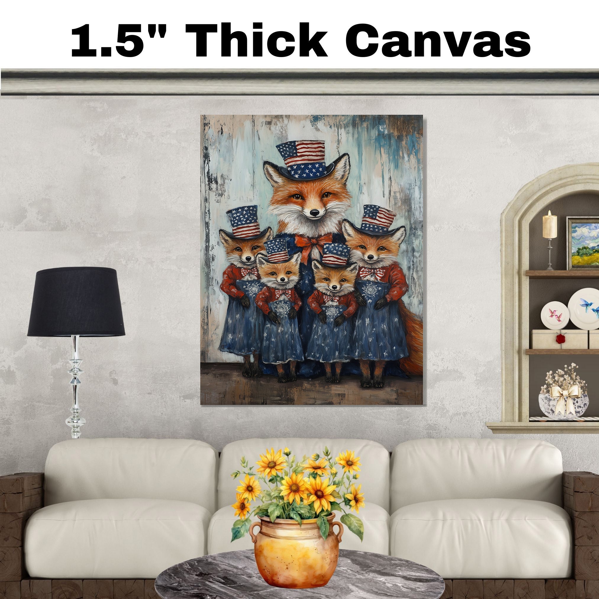 Mother Fox with Three Baby Foxes Wearing Patriotic Hats and Dresses on Ready to Hang 1.5" Thick Canvas Wrap, Floating Framed Canvas, Flat Rolled Canvas