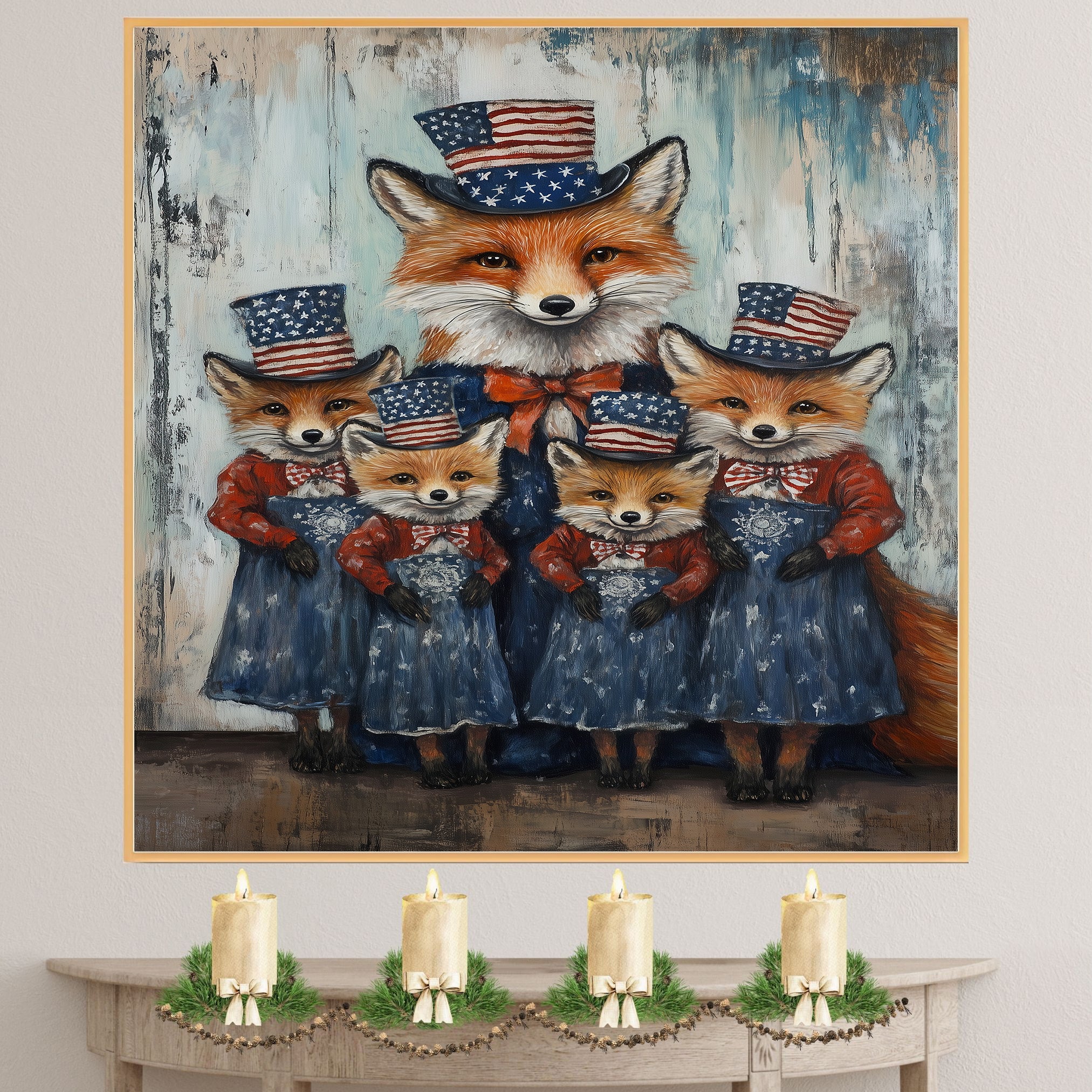 Mother Fox with Three Baby Foxes Wearing Patriotic Hats and Dresses on Ready to Hang 1.5" Thick Canvas Wrap, Floating Framed Canvas, Flat Rolled Canvas