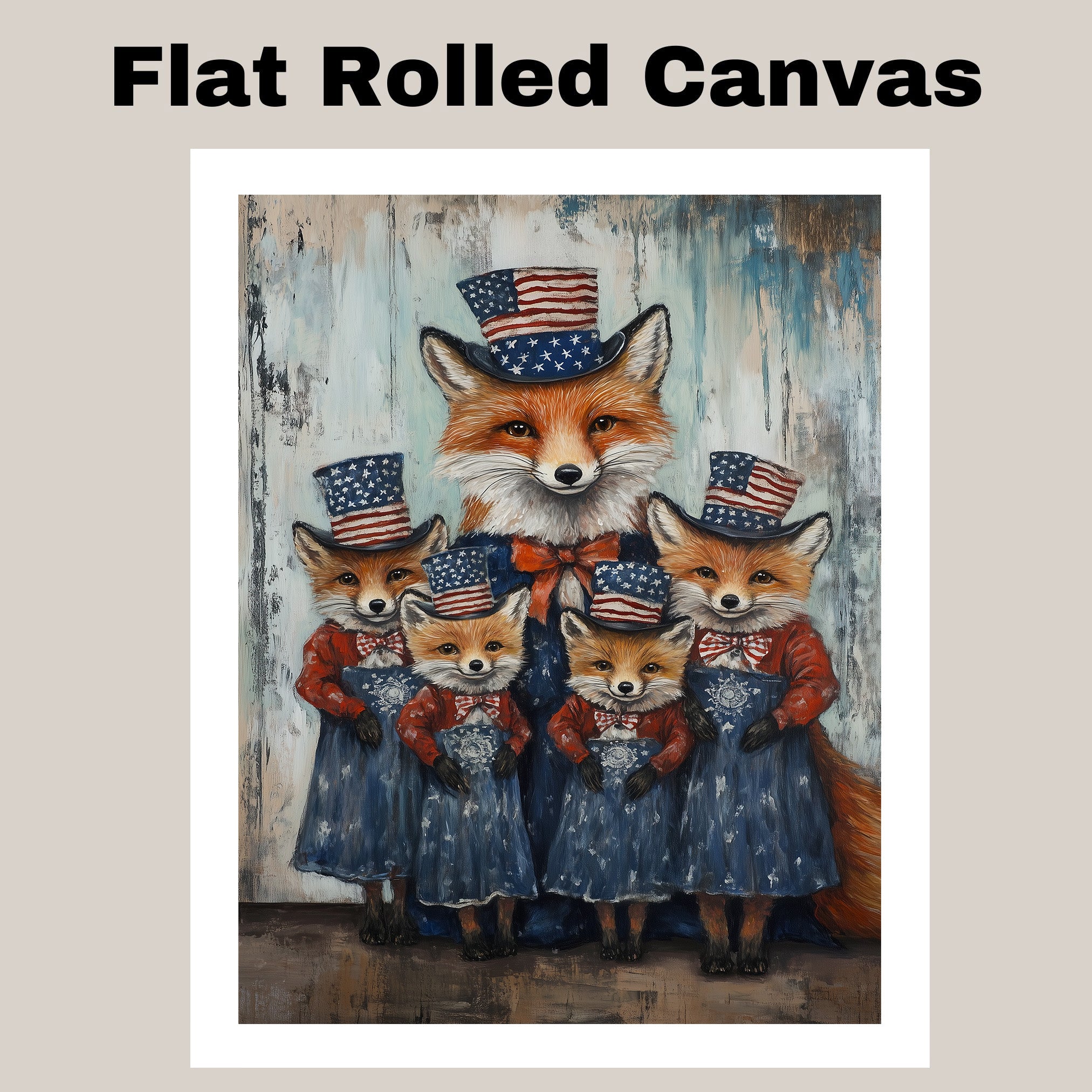 Mother Fox with Three Baby Foxes Wearing Patriotic Hats and Dresses on Ready to Hang 1.5" Thick Canvas Wrap, Floating Framed Canvas, Flat Rolled Canvas