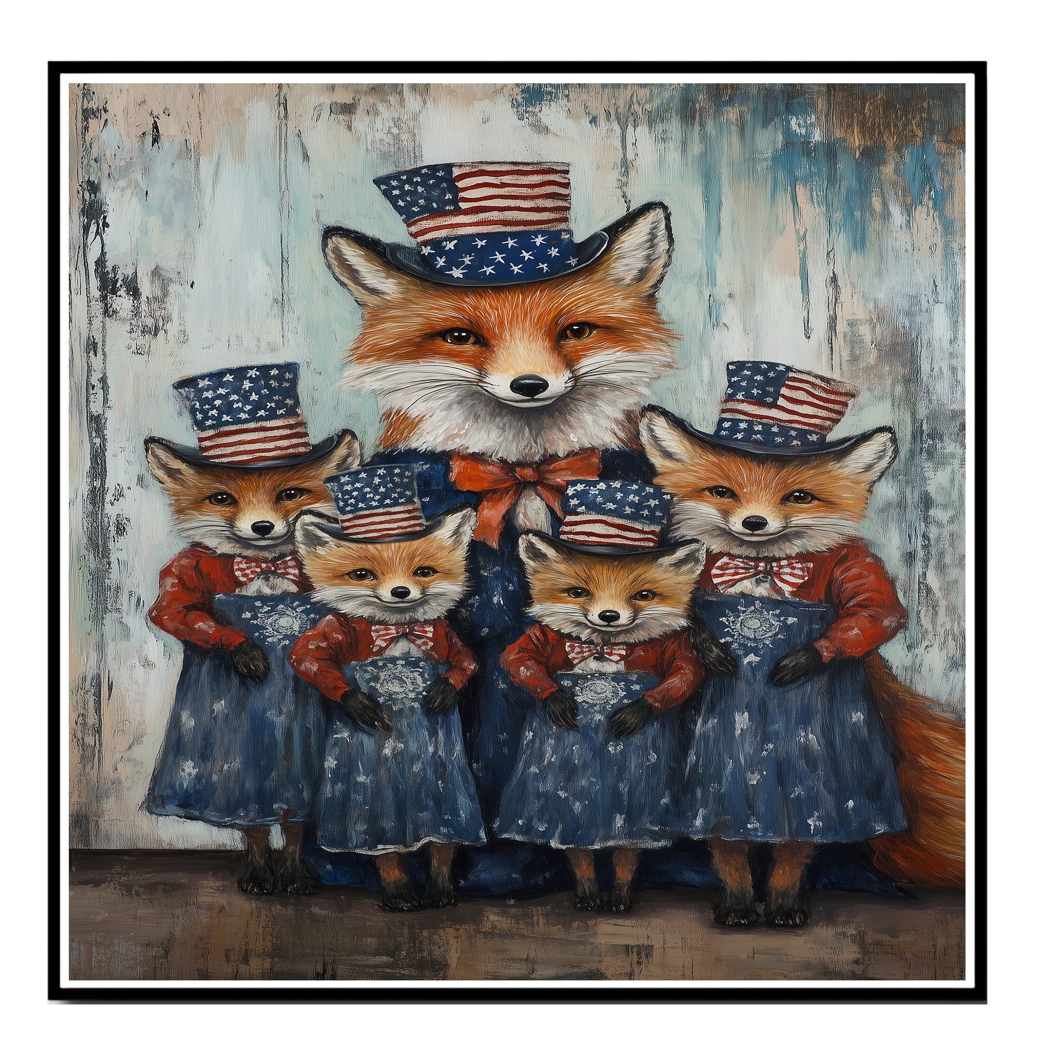 Mother Fox with Three Baby Foxes Wearing Patriotic Hats and Dresses on Ready to Hang 1.5" Thick Canvas Wrap, Floating Framed Canvas, Flat Rolled Canvas