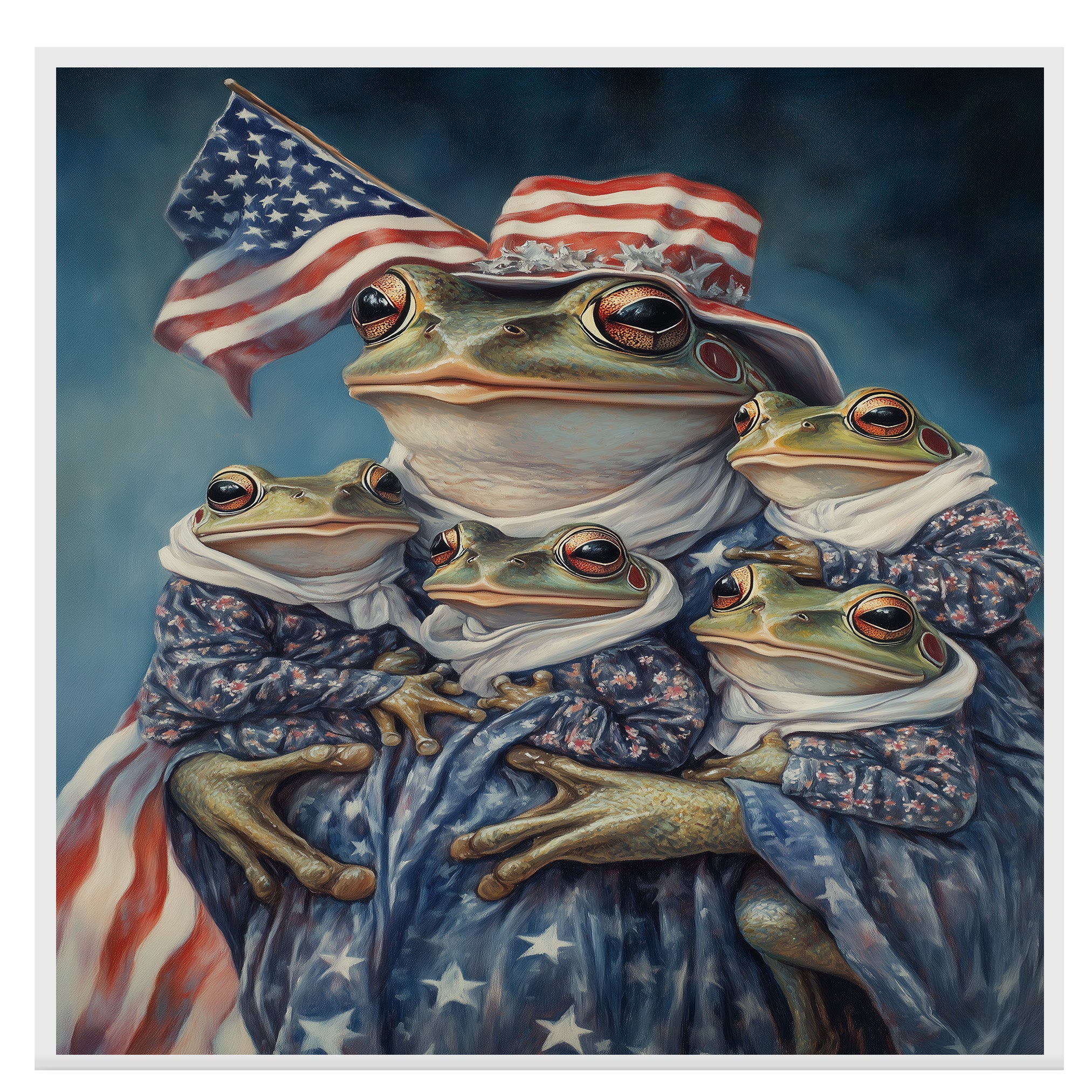 Mother Frog Holding Three Baby Frogs Dressed in Patriotic Outfits and Flag Hat for Independence Day on Ready to Hang 1.5" Thick Canvas Wrap, Floating Framed Canvas, Flat Rolled Canvas