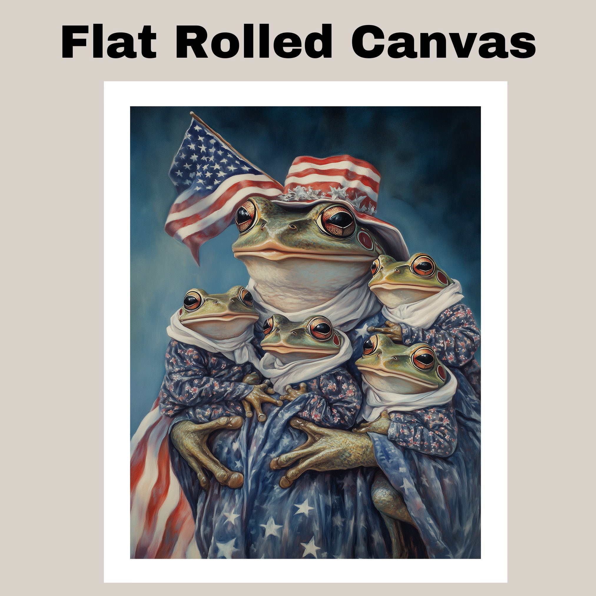 Mother Frog Holding Three Baby Frogs Dressed in Patriotic Outfits and Flag Hat for Independence Day on Ready to Hang 1.5" Thick Canvas Wrap, Floating Framed Canvas, Flat Rolled Canvas