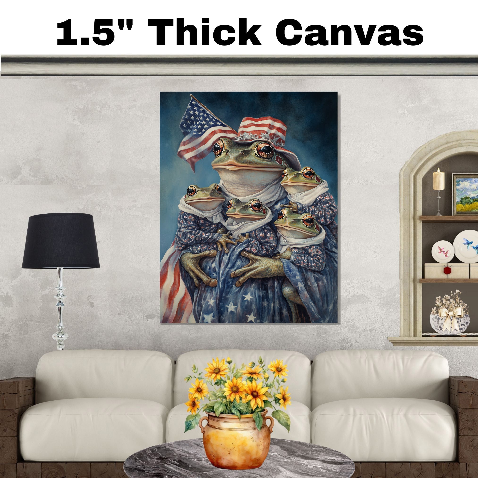Mother Frog Holding Three Baby Frogs Dressed in Patriotic Outfits and Flag Hat for Independence Day on Ready to Hang 1.5" Thick Canvas Wrap, Floating Framed Canvas, Flat Rolled Canvas