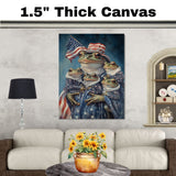 Mother Frog Holding Three Baby Frogs Dressed in Patriotic Outfits and Flag Hat for Independence Day on Ready to Hang 1.5" Thick Canvas Wrap, Floating Framed Canvas, Flat Rolled Canvas
