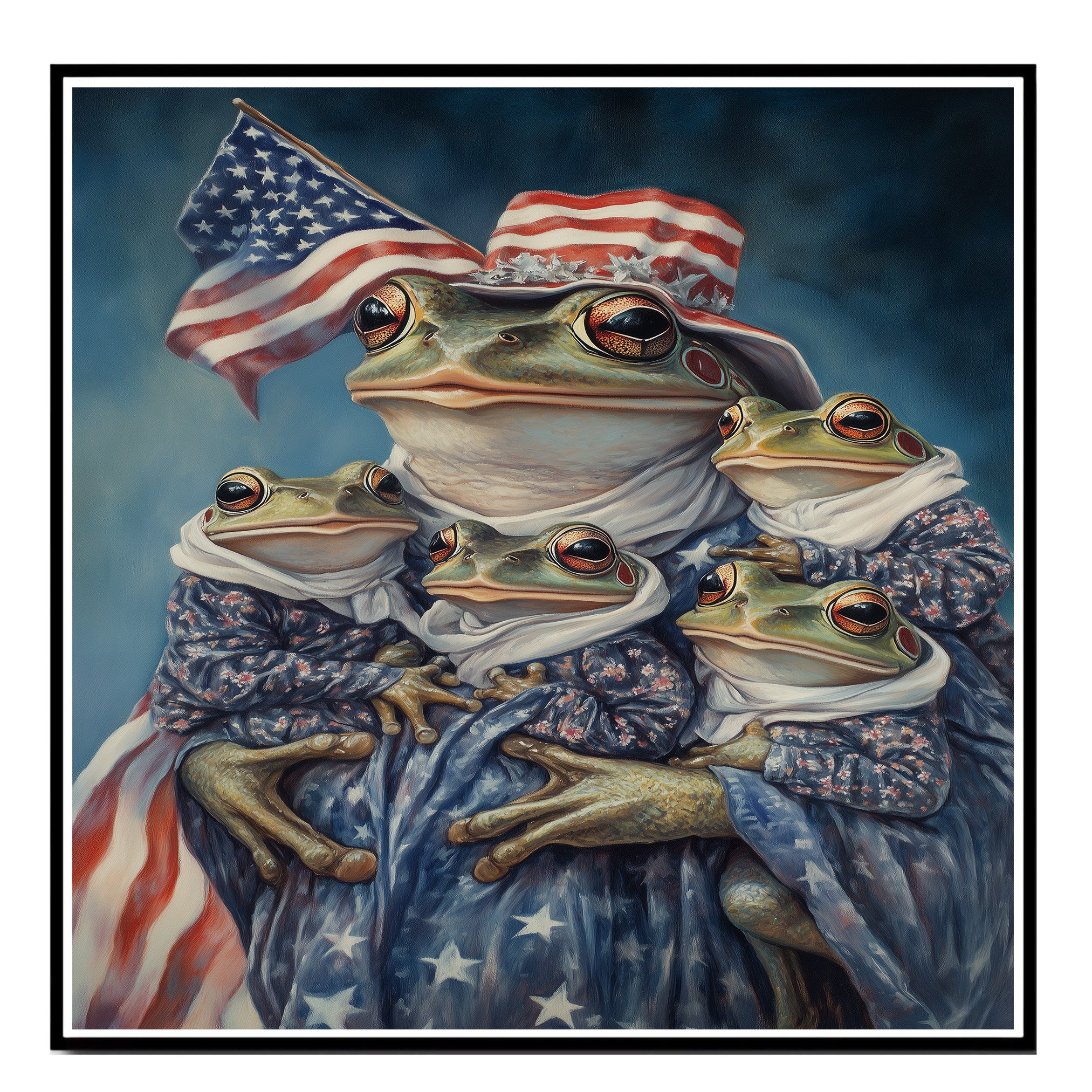Mother Frog Holding Three Baby Frogs Dressed in Patriotic Outfits and Flag Hat for Independence Day on Ready to Hang 1.5" Thick Canvas Wrap, Floating Framed Canvas, Flat Rolled Canvas
