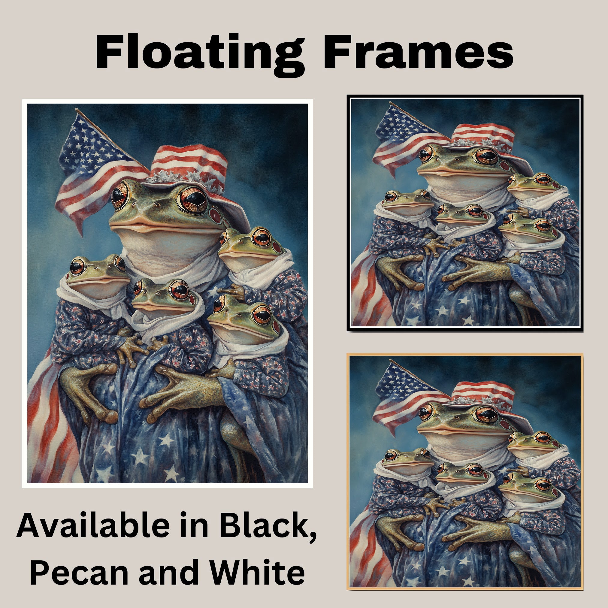 Mother Frog Holding Three Baby Frogs Dressed in Patriotic Outfits and Flag Hat for Independence Day on Ready to Hang 1.5" Thick Canvas Wrap, Floating Framed Canvas, Flat Rolled Canvas