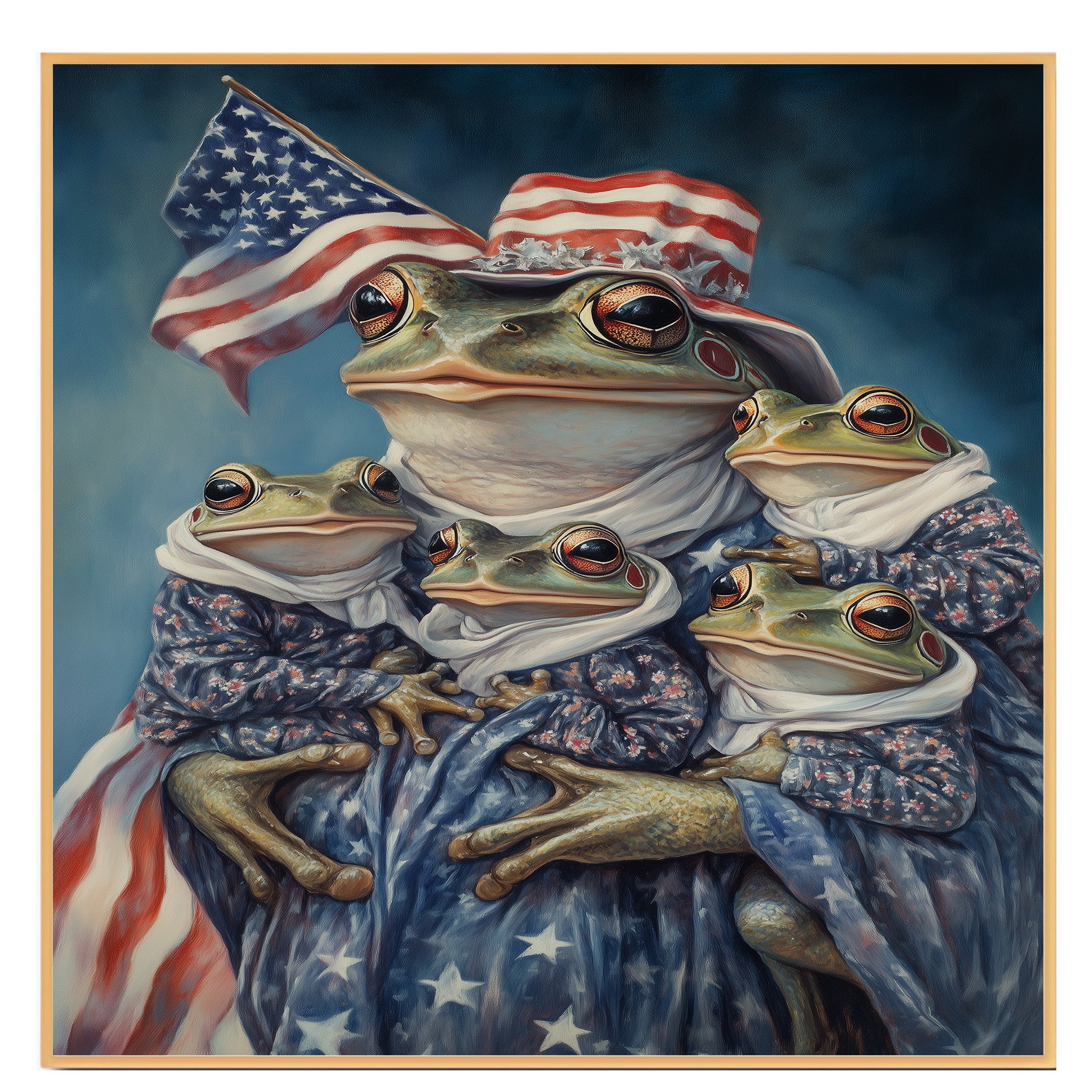 Mother Frog Holding Three Baby Frogs Dressed in Patriotic Outfits and Flag Hat for Independence Day on Ready to Hang 1.5" Thick Canvas Wrap, Floating Framed Canvas, Flat Rolled Canvas
