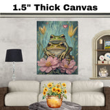 Frog Couple with Pink Flowers Whimsical Nature Artwork for Animal Lovers and Cozy Rustic Decor on Ready to Hang 1.5" Thick Canvas Wrap, Floating Framed Canvas, Flat Rolled Canvas