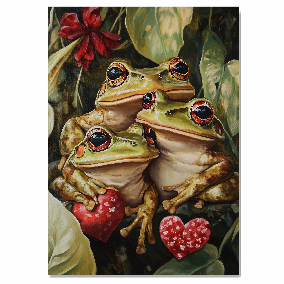 Frog Family Holding Hearts Whimsical Frog Artwork for Nature Lovers and Cozy Home Decor on Ready to Hang 1.5" Thick Canvas Wrap, Floating Framed Canvas, Flat Rolled Canvas