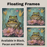 Frog Couple with Pink Flowers Whimsical Nature Artwork for Animal Lovers and Cozy Rustic Decor on Ready to Hang 1.5" Thick Canvas Wrap, Floating Framed Canvas, Flat Rolled Canvas