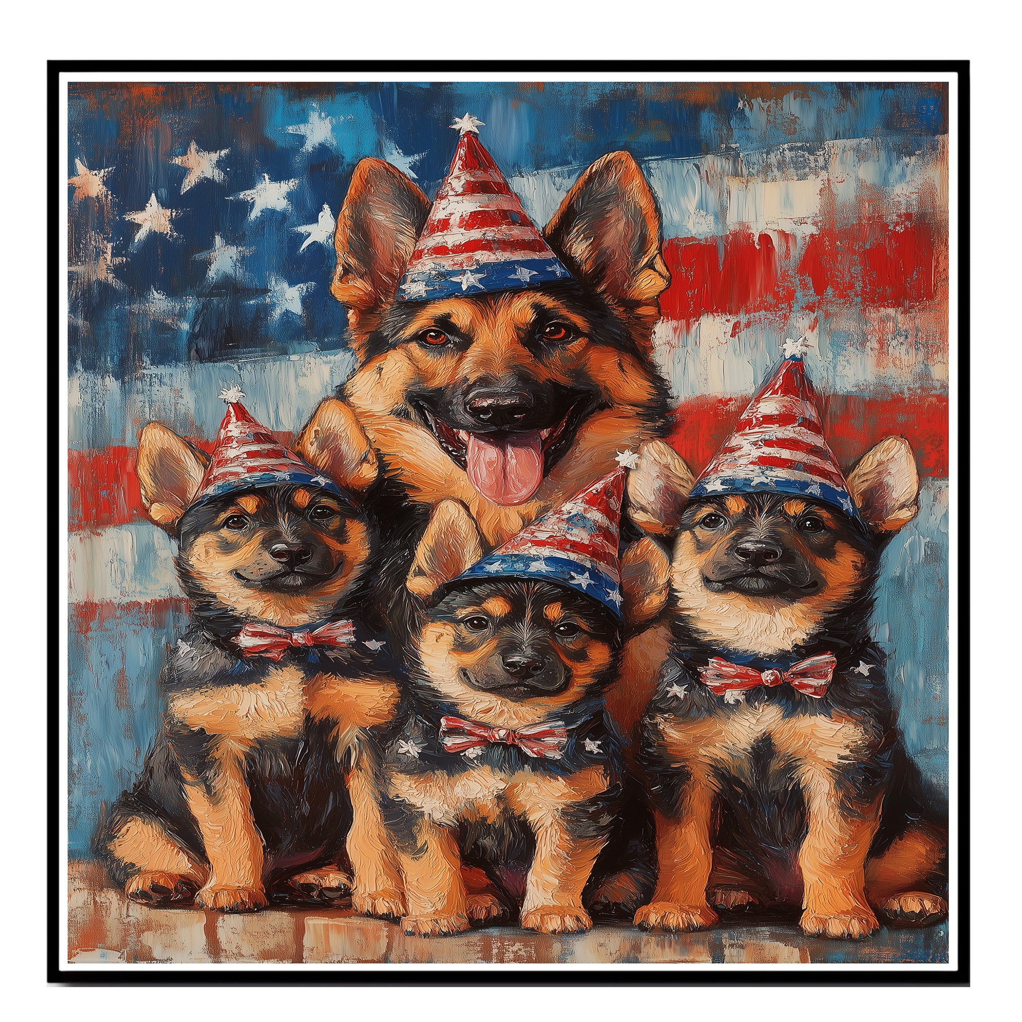 Mother German Shepherd with Three Puppies in Patriotic Outfits and Party Hats on American Flag Background on Ready to Hang 1.5" Thick Canvas Wrap, Floating Framed Canvas, Flat Rolled Canvas