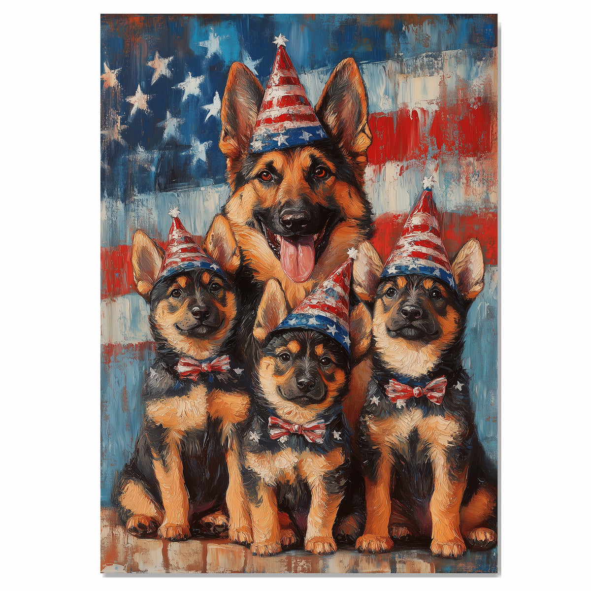 Mother German Shepherd with Three Puppies in Patriotic Outfits and Party Hats on American Flag Background on Ready to Hang 1.5" Thick Canvas Wrap, Floating Framed Canvas, Flat Rolled Canvas