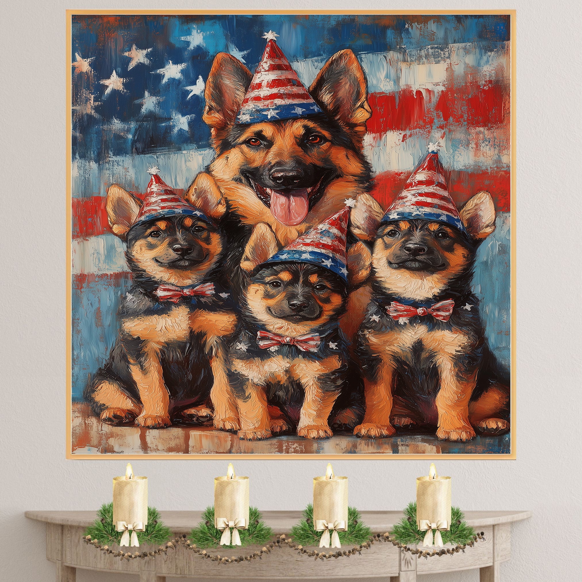 Mother German Shepherd with Three Puppies in Patriotic Outfits and Party Hats on American Flag Background on Ready to Hang 1.5" Thick Canvas Wrap, Floating Framed Canvas, Flat Rolled Canvas