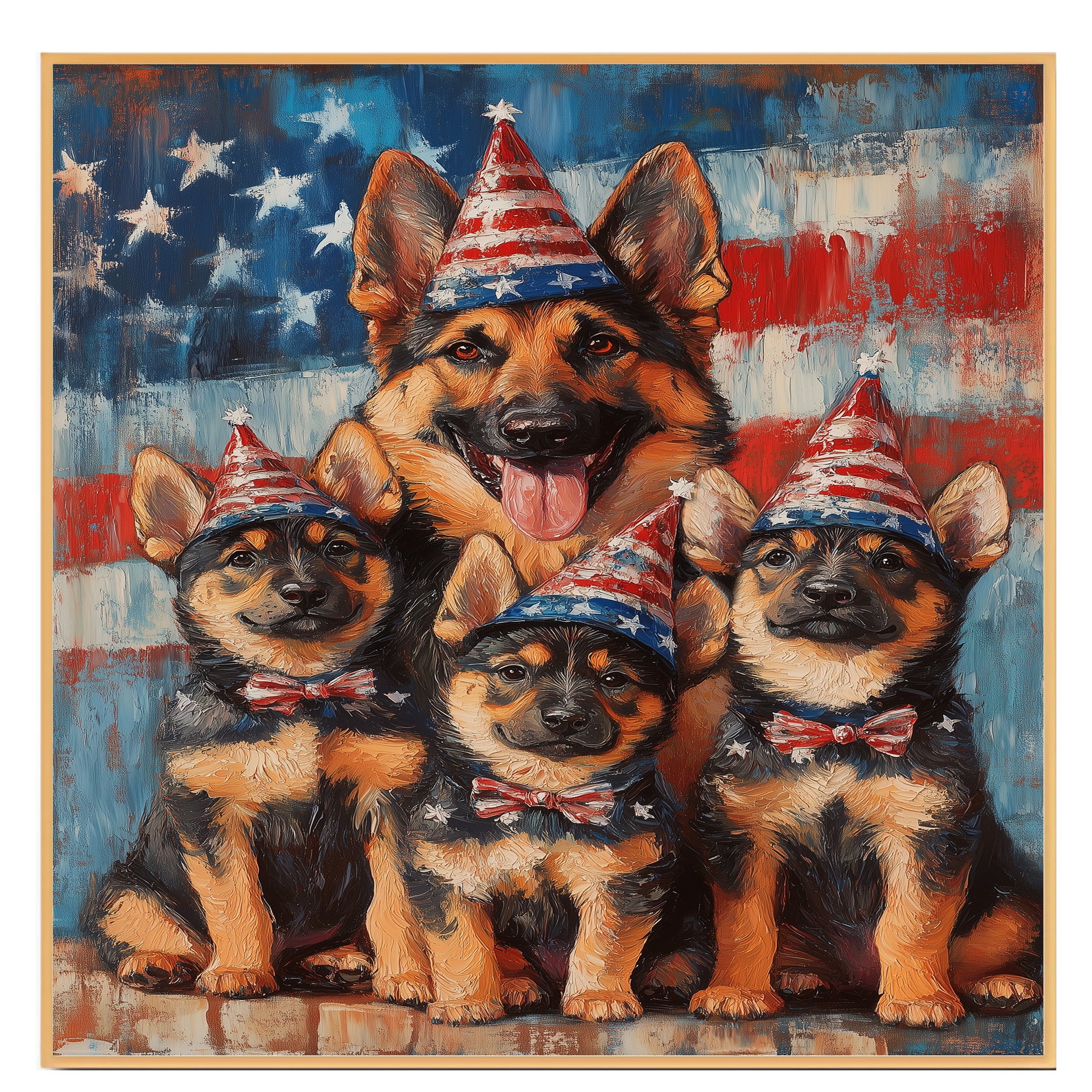 Mother German Shepherd with Three Puppies in Patriotic Outfits and Party Hats on American Flag Background on Ready to Hang 1.5" Thick Canvas Wrap, Floating Framed Canvas, Flat Rolled Canvas