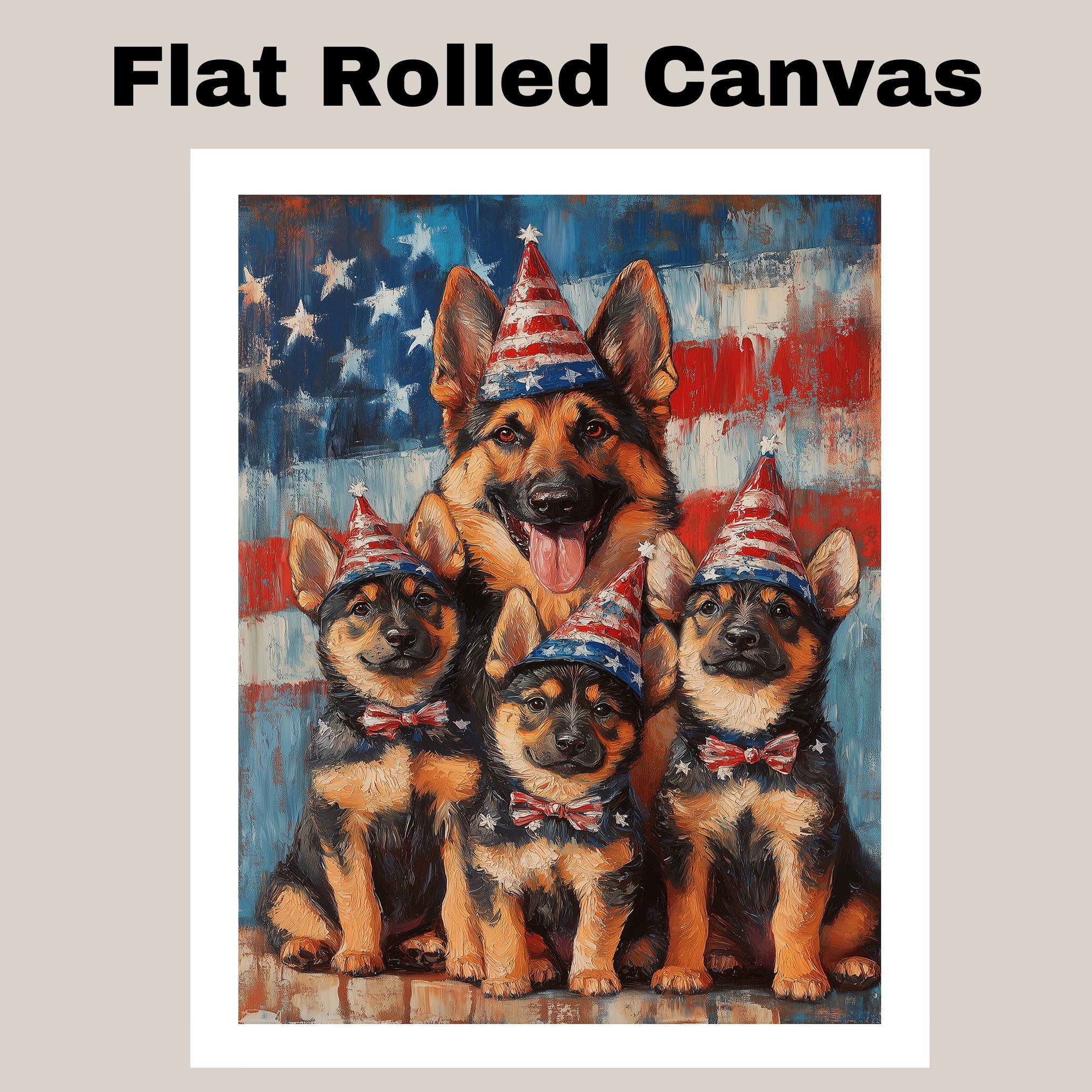 Mother German Shepherd with Three Puppies in Patriotic Outfits and Party Hats on American Flag Background on Ready to Hang 1.5" Thick Canvas Wrap, Floating Framed Canvas, Flat Rolled Canvas