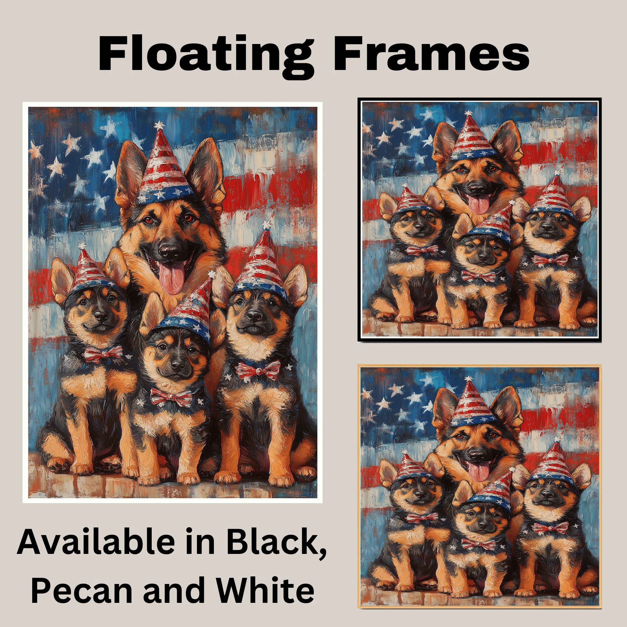 Mother German Shepherd with Three Puppies in Patriotic Outfits and Party Hats on American Flag Background on Ready to Hang 1.5" Thick Canvas Wrap, Floating Framed Canvas, Flat Rolled Canvas