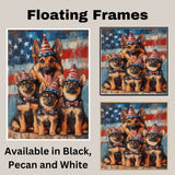 Mother German Shepherd with Three Puppies in Patriotic Outfits and Party Hats on American Flag Background on Ready to Hang 1.5" Thick Canvas Wrap, Floating Framed Canvas, Flat Rolled Canvas