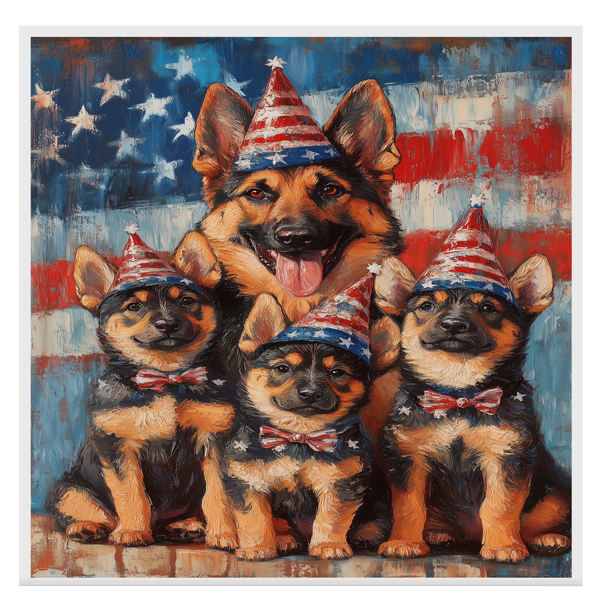 Mother German Shepherd with Three Puppies in Patriotic Outfits and Party Hats on American Flag Background on Ready to Hang 1.5" Thick Canvas Wrap, Floating Framed Canvas, Flat Rolled Canvas