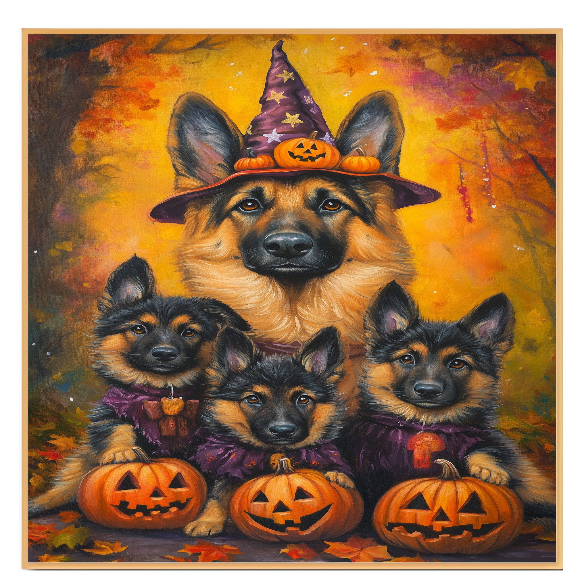 German Shepherd Dog Halloween Canvas Wall Art with Pumpkin and Witch Hat Rustic Fall Accent for Cozy Autumn Homes on Ready to Hang 1.5" Thick Canvas Wrap, Floating Framed Canvas, Flat Rolled Canvas