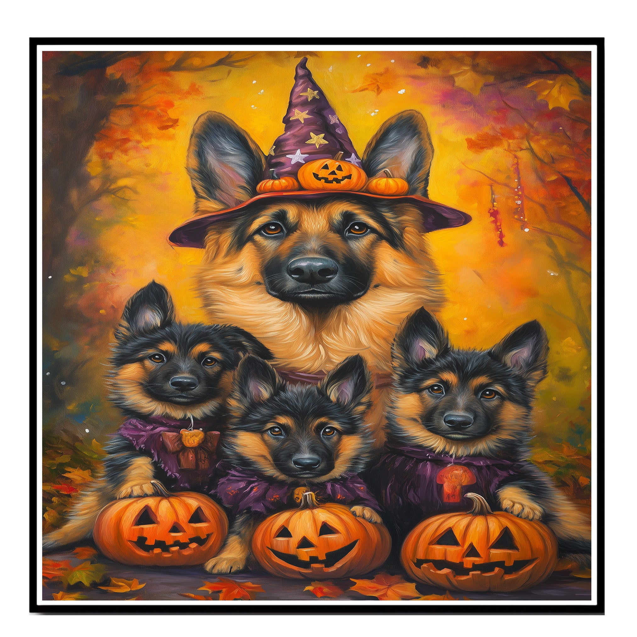 German Shepherd Dog Halloween Canvas Wall Art with Pumpkin and Witch Hat Rustic Fall Accent for Cozy Autumn Homes on Ready to Hang 1.5" Thick Canvas Wrap, Floating Framed Canvas, Flat Rolled Canvas