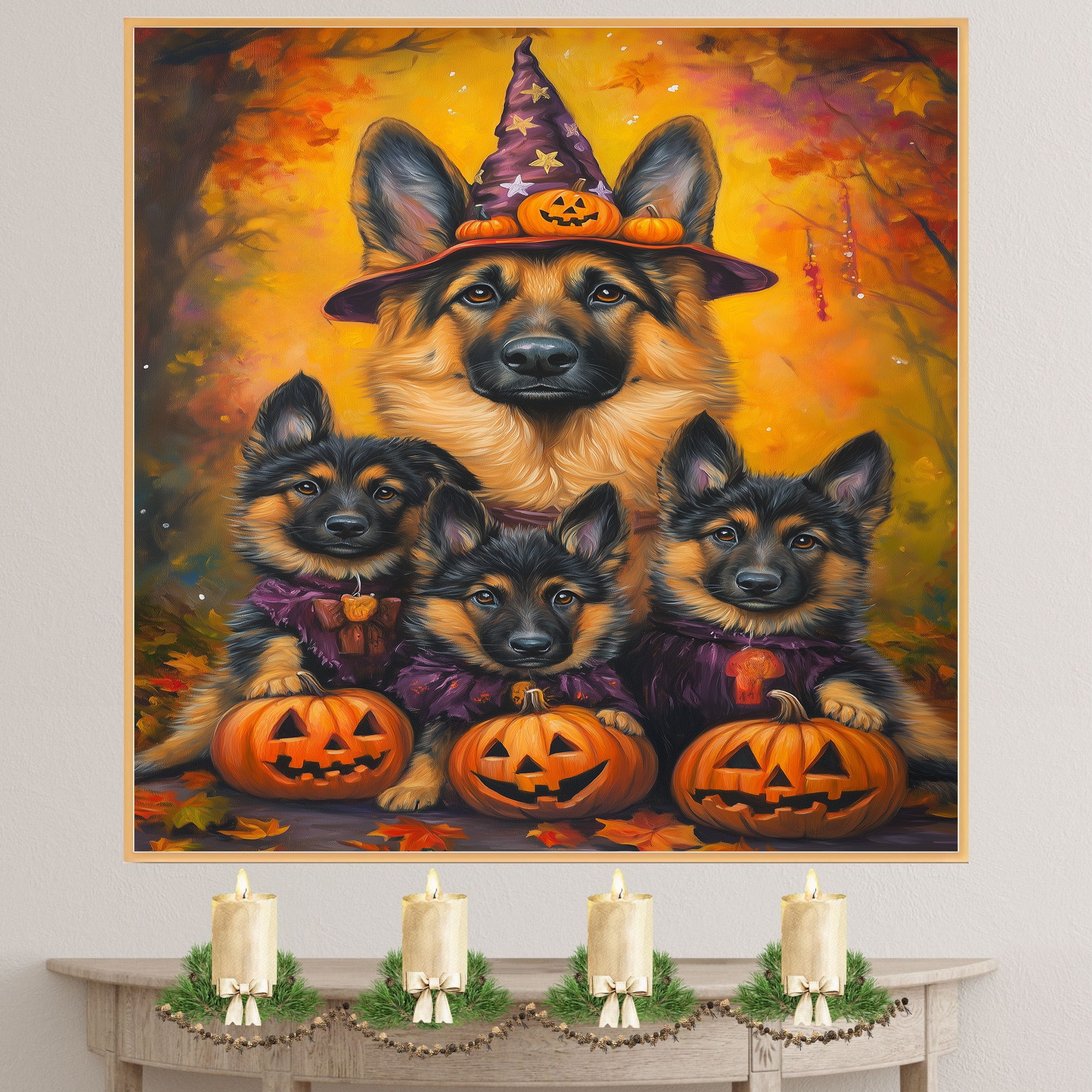 German Shepherd Dog Halloween Canvas Wall Art with Pumpkin and Witch Hat Rustic Fall Accent for Cozy Autumn Homes on Ready to Hang 1.5" Thick Canvas Wrap, Floating Framed Canvas, Flat Rolled Canvas