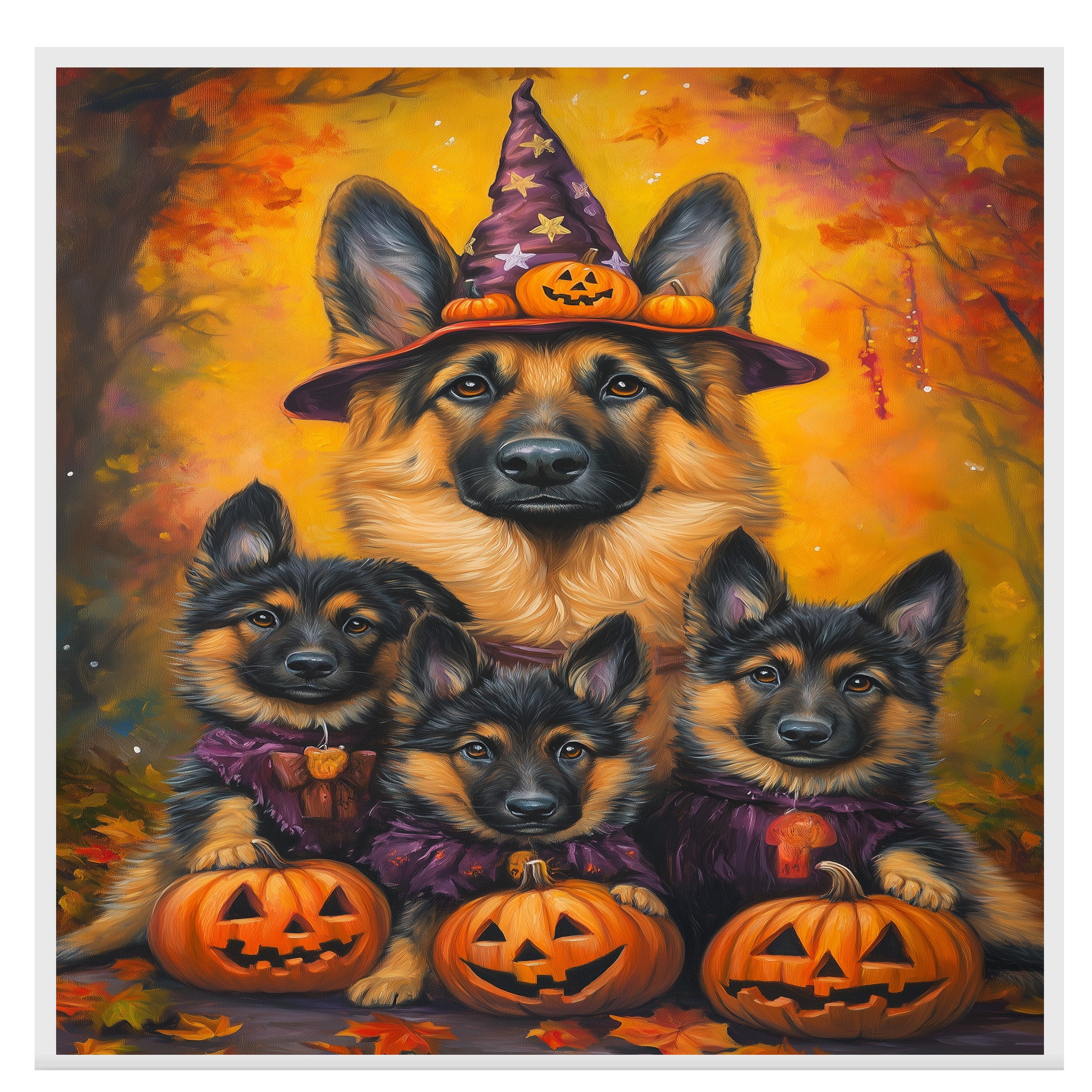 German Shepherd Dog Halloween Canvas Wall Art with Pumpkin and Witch Hat Rustic Fall Accent for Cozy Autumn Homes on Ready to Hang 1.5" Thick Canvas Wrap, Floating Framed Canvas, Flat Rolled Canvas