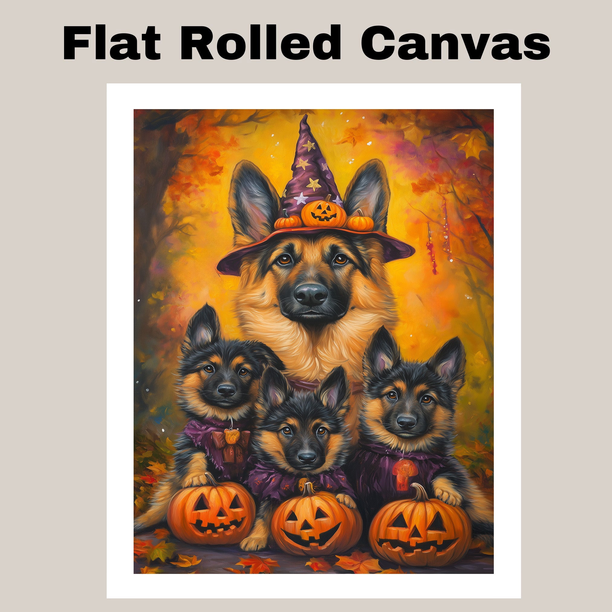 German Shepherd Dog Halloween Canvas Wall Art with Pumpkin and Witch Hat Rustic Fall Accent for Cozy Autumn Homes on Ready to Hang 1.5" Thick Canvas Wrap, Floating Framed Canvas, Flat Rolled Canvas