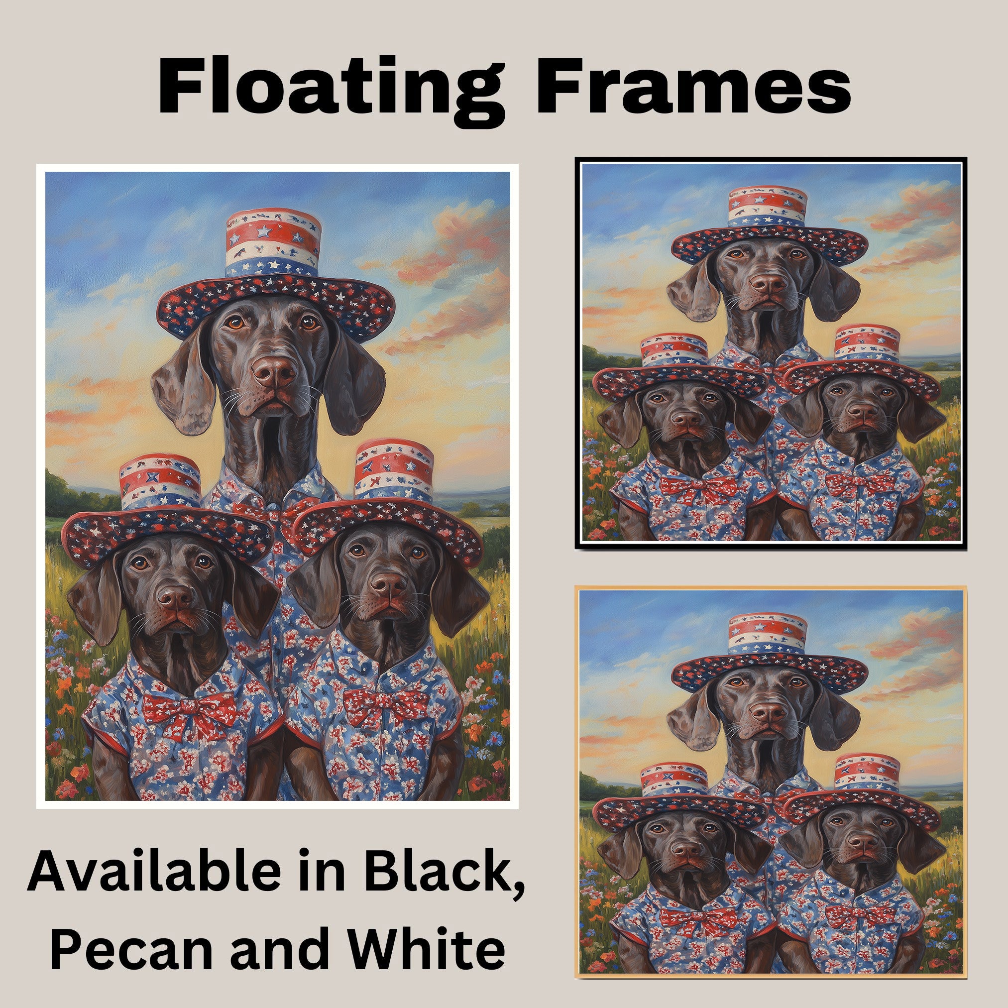 Mother German Shorthaired Pointer with Three Puppies Wearing Patriotic Hats and Outfits in a Flower Field on Ready to Hang 1.5" Thick Canvas Wrap, Floating Framed Canvas, Flat Rolled Canvas