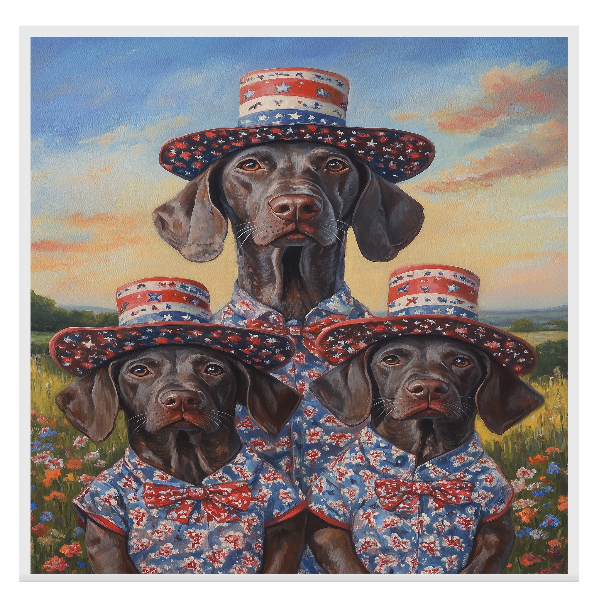Mother German Shorthaired Pointer with Three Puppies Wearing Patriotic Hats and Outfits in a Flower Field on Ready to Hang 1.5" Thick Canvas Wrap, Floating Framed Canvas, Flat Rolled Canvas