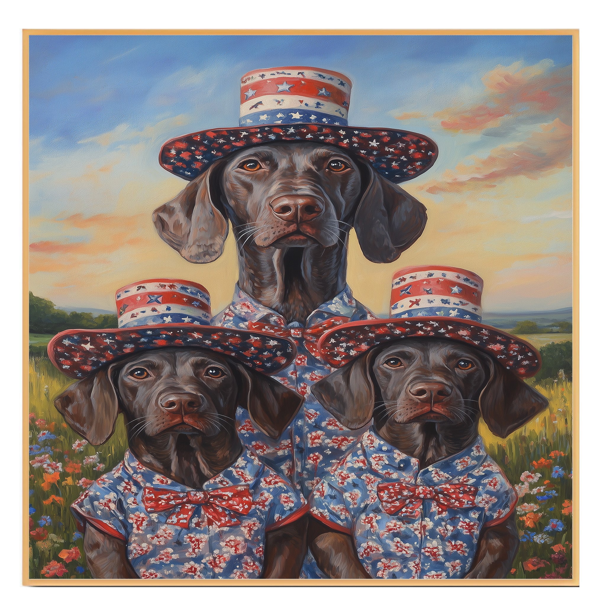 Mother German Shorthaired Pointer with Three Puppies Wearing Patriotic Hats and Outfits in a Flower Field on Ready to Hang 1.5" Thick Canvas Wrap, Floating Framed Canvas, Flat Rolled Canvas