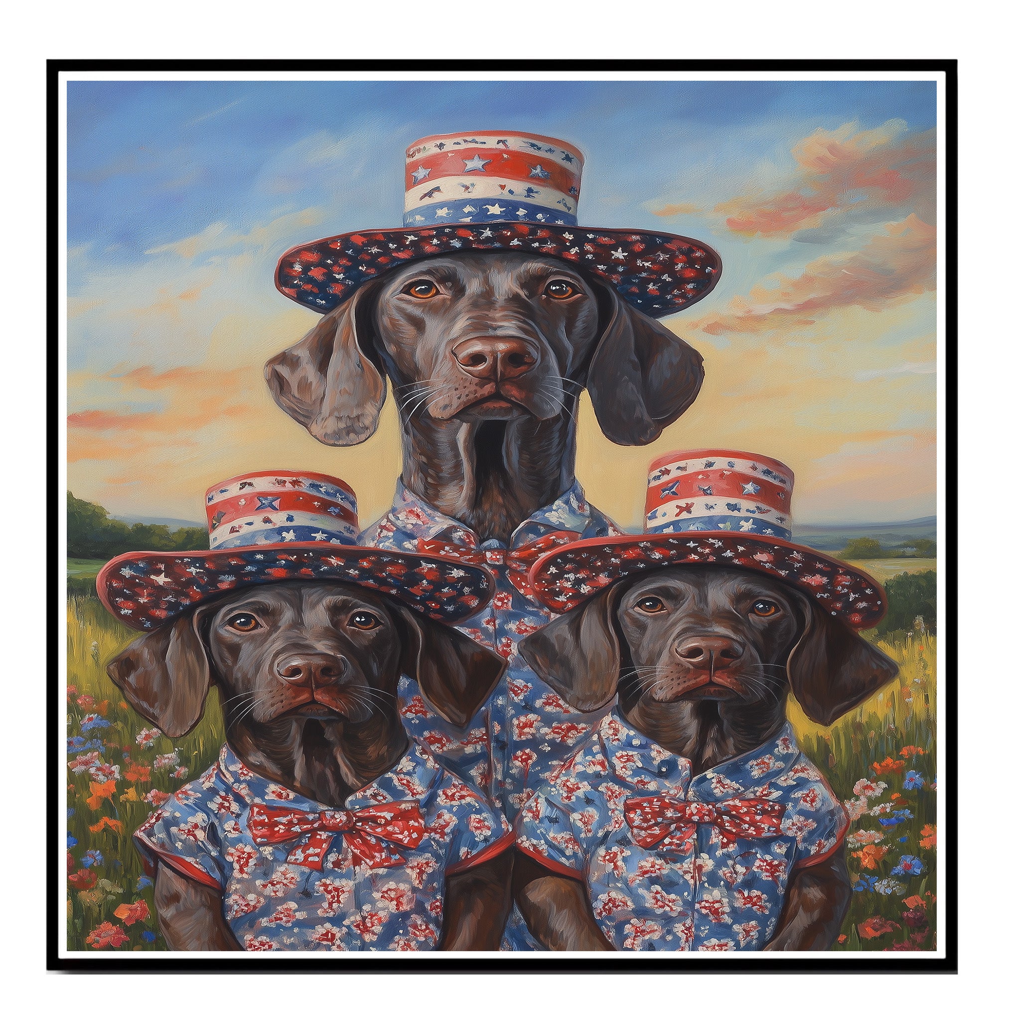 Mother German Shorthaired Pointer with Three Puppies Wearing Patriotic Hats and Outfits in a Flower Field on Ready to Hang 1.5" Thick Canvas Wrap, Floating Framed Canvas, Flat Rolled Canvas