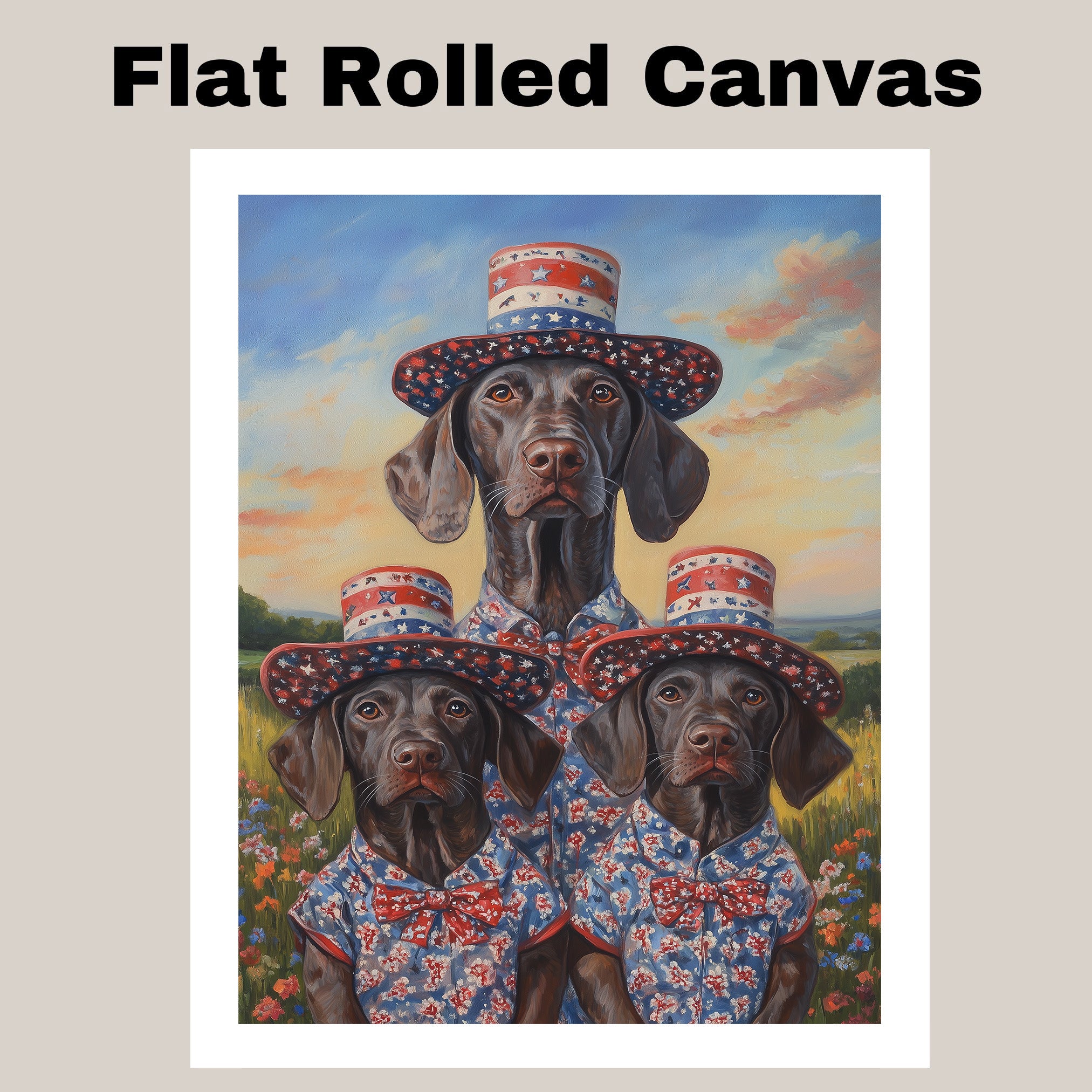Mother German Shorthaired Pointer with Three Puppies Wearing Patriotic Hats and Outfits in a Flower Field on Ready to Hang 1.5" Thick Canvas Wrap, Floating Framed Canvas, Flat Rolled Canvas