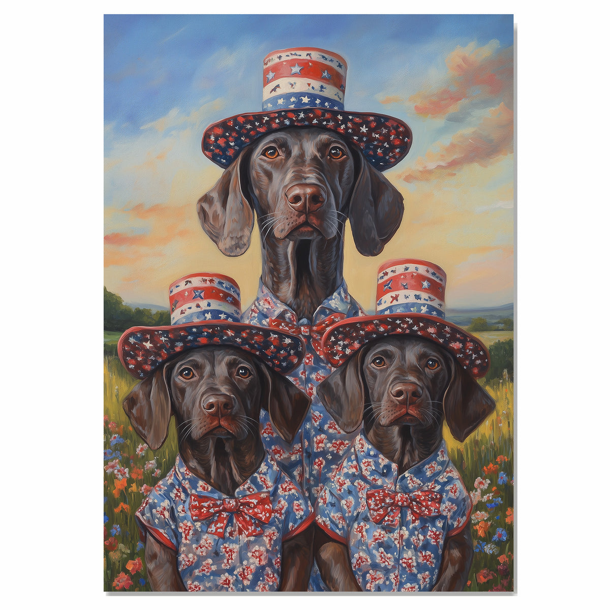 Mother German Shorthaired Pointer with Three Puppies Wearing Patriotic Hats and Outfits in a Flower Field on Ready to Hang 1.5" Thick Canvas Wrap, Floating Framed Canvas, Flat Rolled Canvas