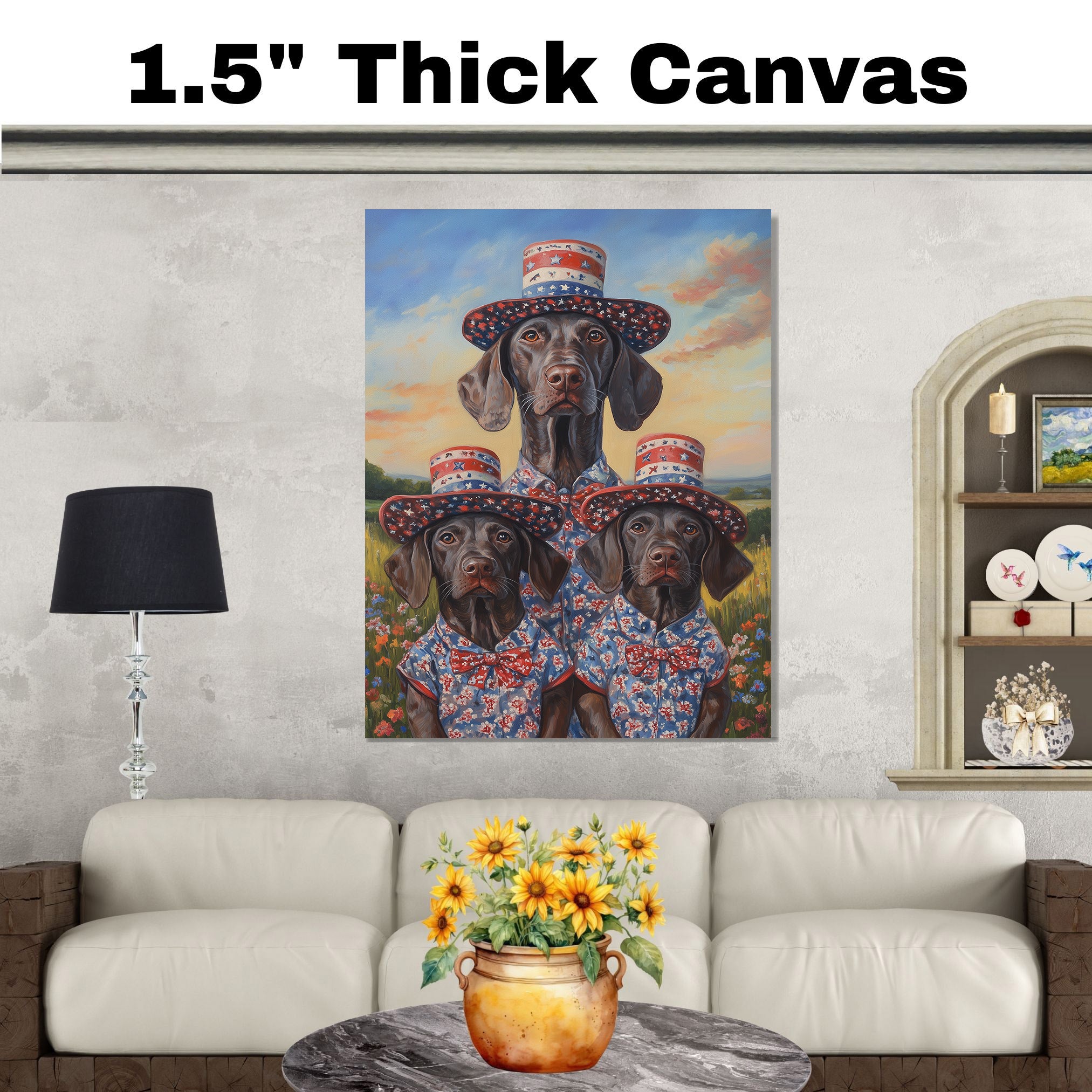 Mother German Shorthaired Pointer with Three Puppies Wearing Patriotic Hats and Outfits in a Flower Field on Ready to Hang 1.5" Thick Canvas Wrap, Floating Framed Canvas, Flat Rolled Canvas